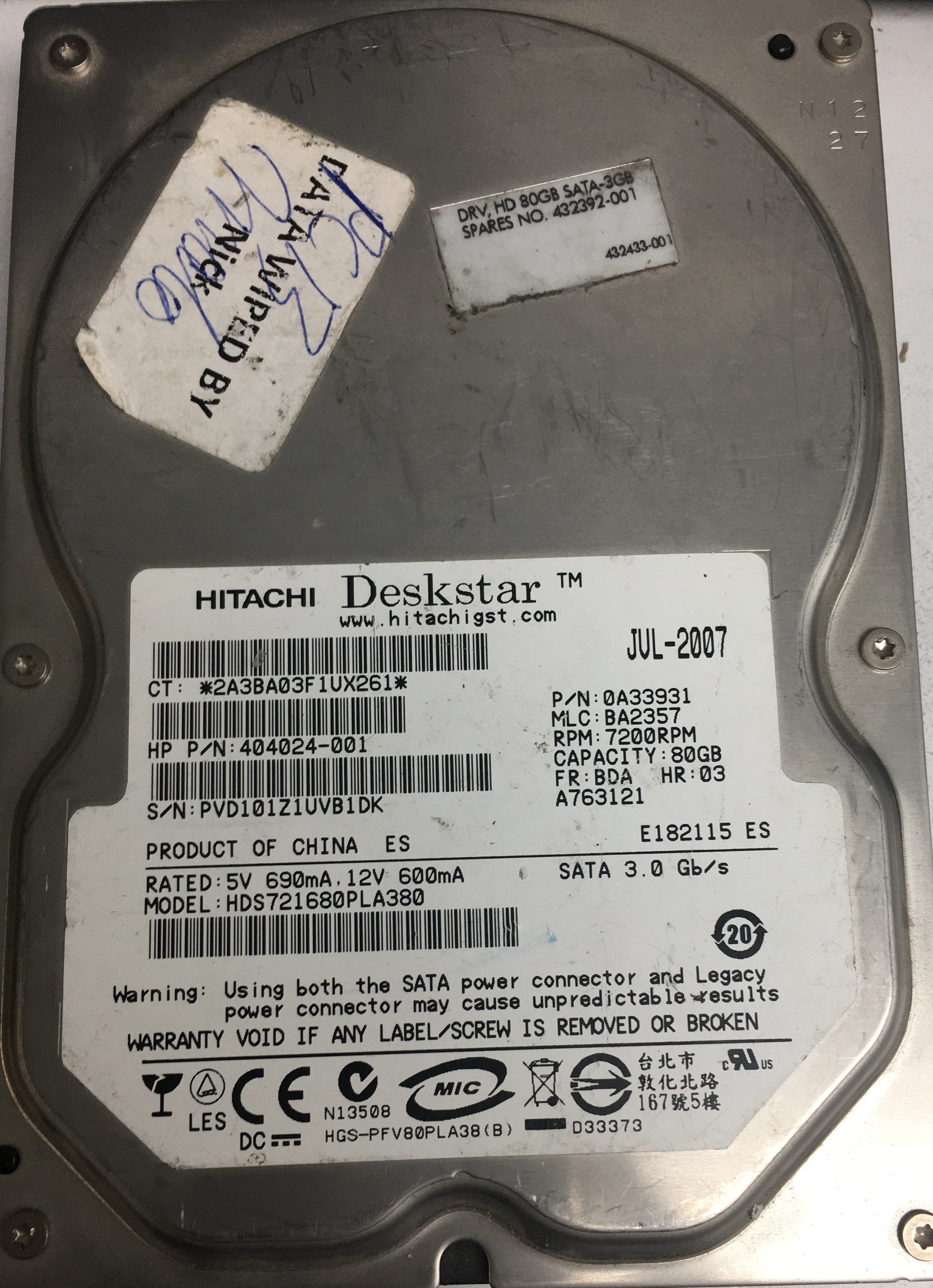 HDS721680PLA380, Serial Number: PVD101Z1UB1DK, P/N: 404024-001, MLC: BA2357, 80GB 3.5, PCB: F 0A29531 01