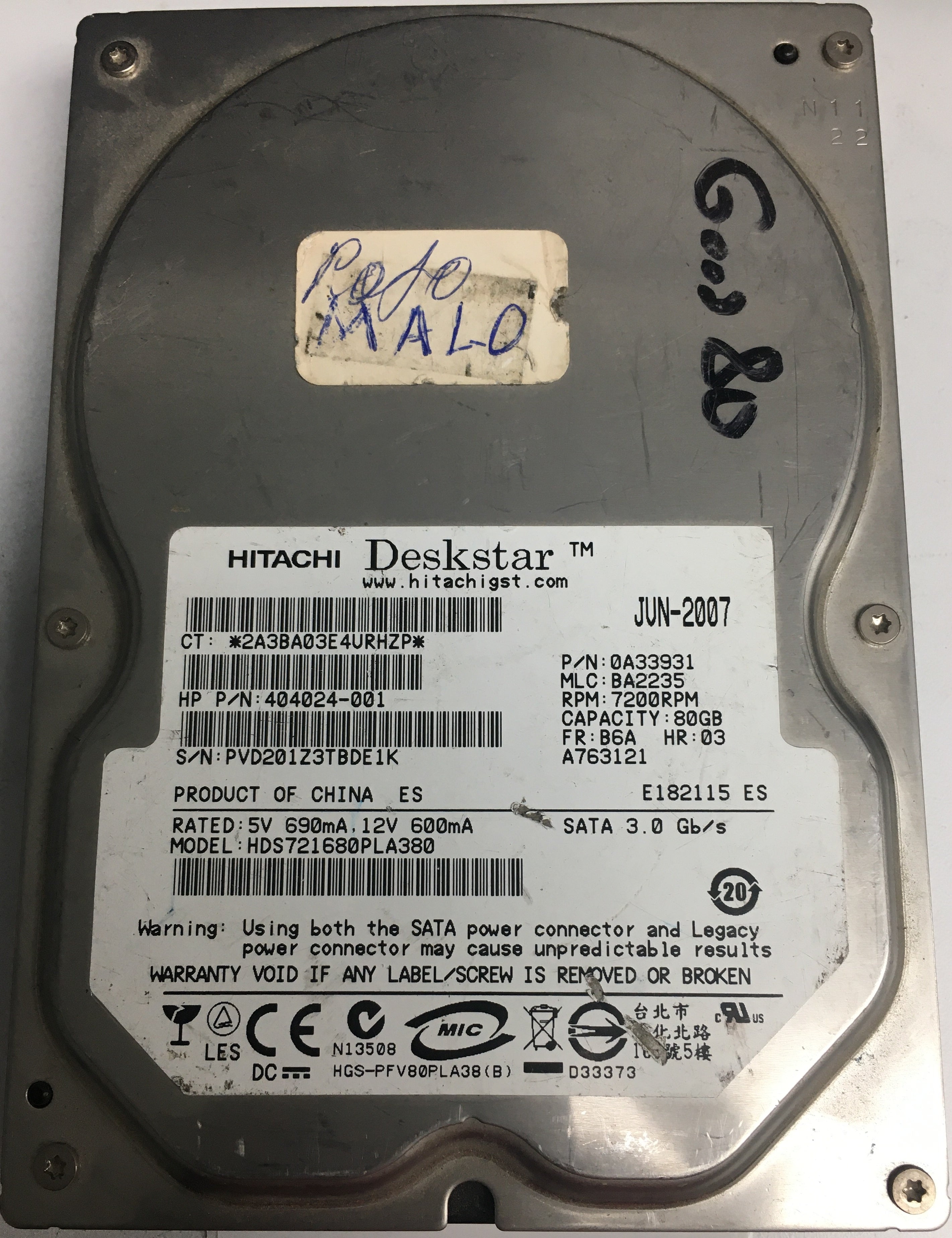 HDS721680PLA380, Serial Number: PVD201Z3TBE1K, P/N: 404024-001, MLC: BA2235, 80GB 3.5, PCB: F 0A29531 01