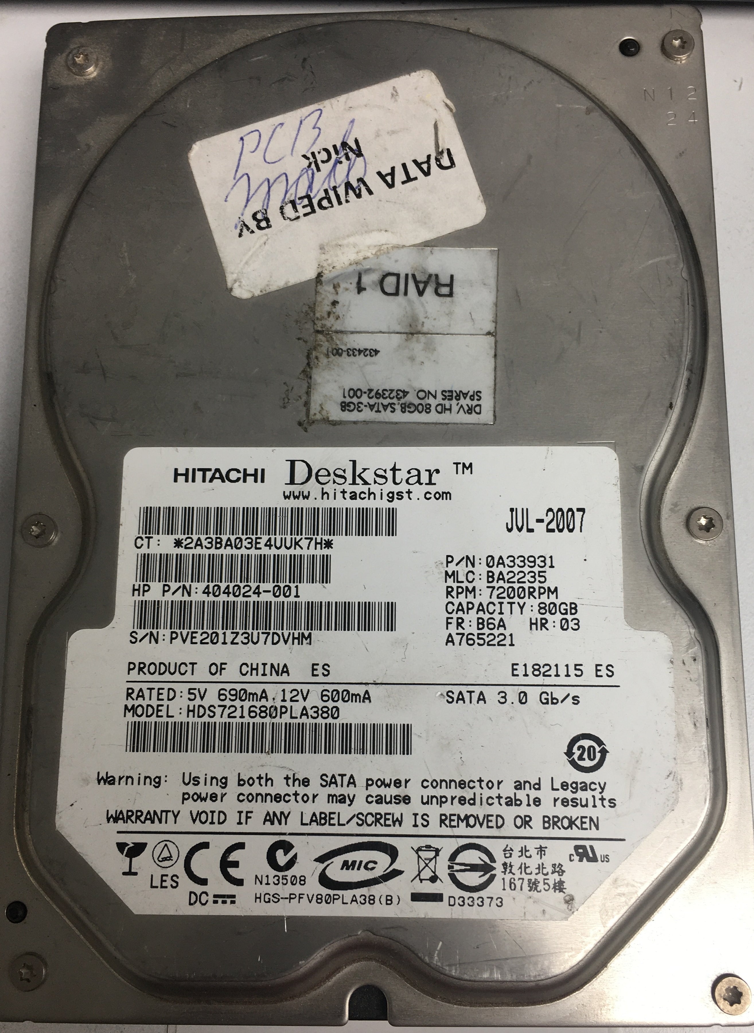 HDS721680PLA380, Serial Number: PVE201Z3U7DVHM, P/N: 404024-001, MLC: BA2235, 80GB 3.5, PCB: F 0A29531 01