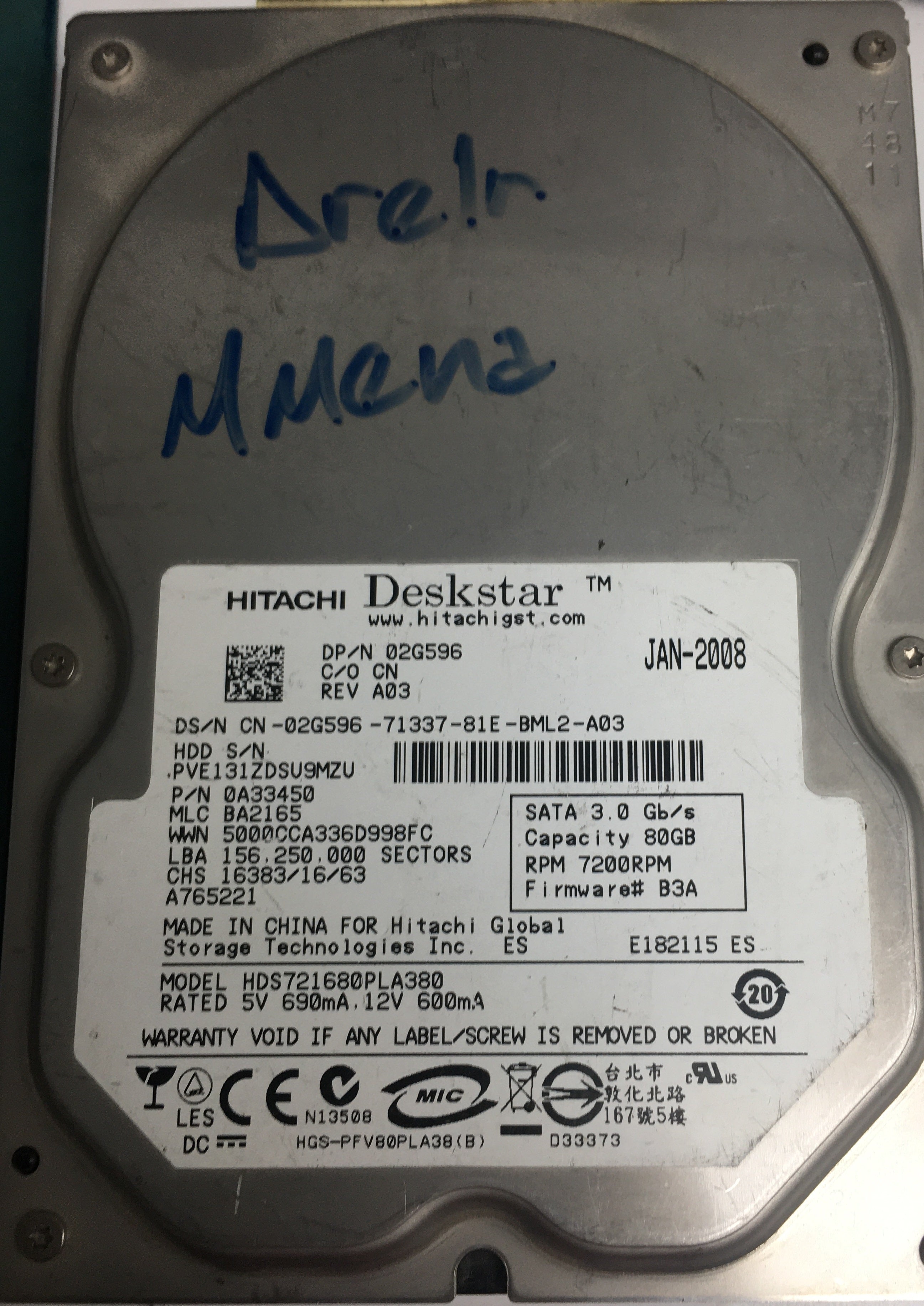 HDS721680PLA380, P/N 07N7400A33450, MLC BA2165, 80GB 3.5
