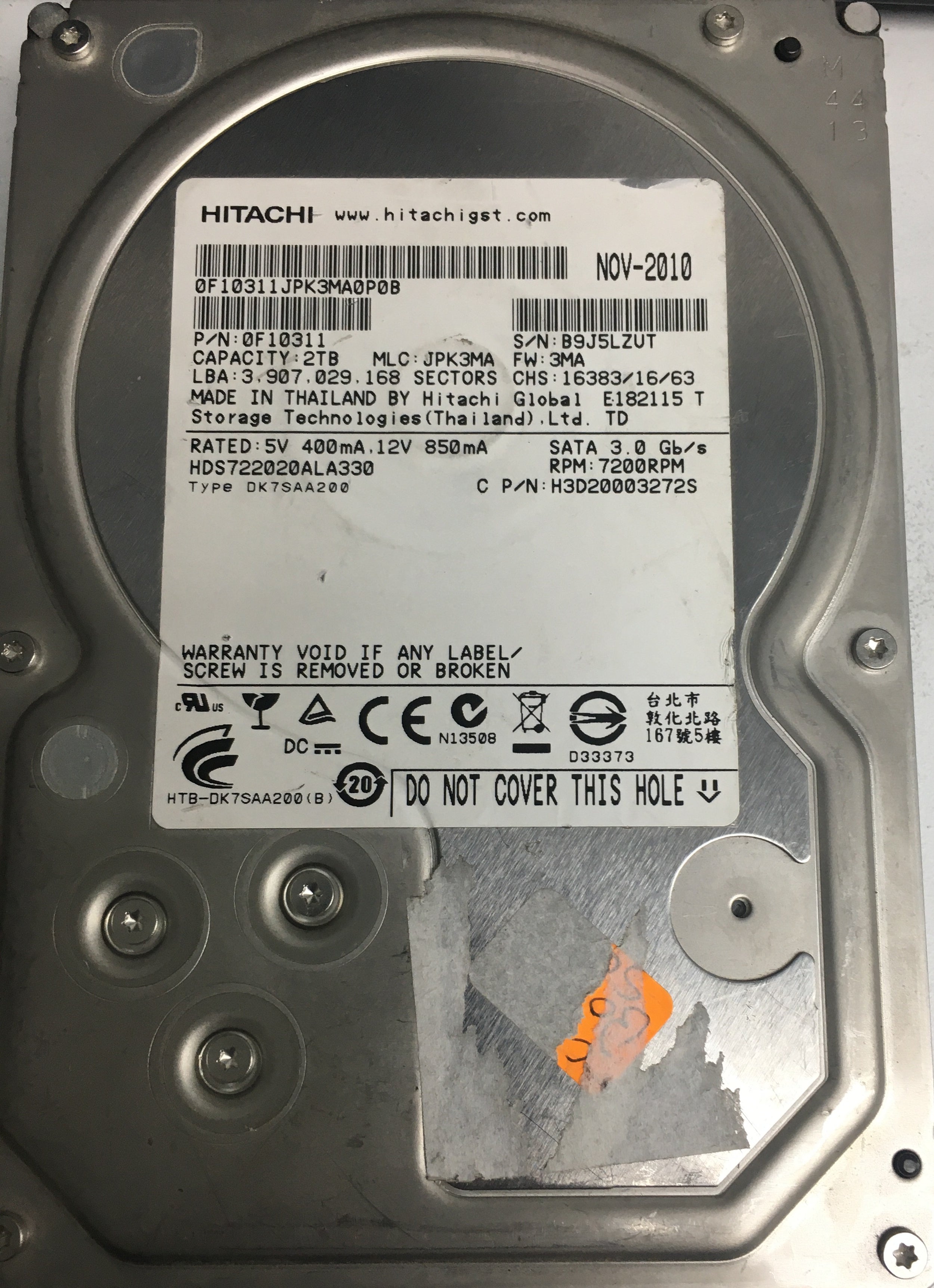 HDS722020ALA330, Serial Number: B9J5LZUT, P/N: 0F10311, MLC: JPK3MA, 2TB 3.5, PCB: 110 0A90201 01