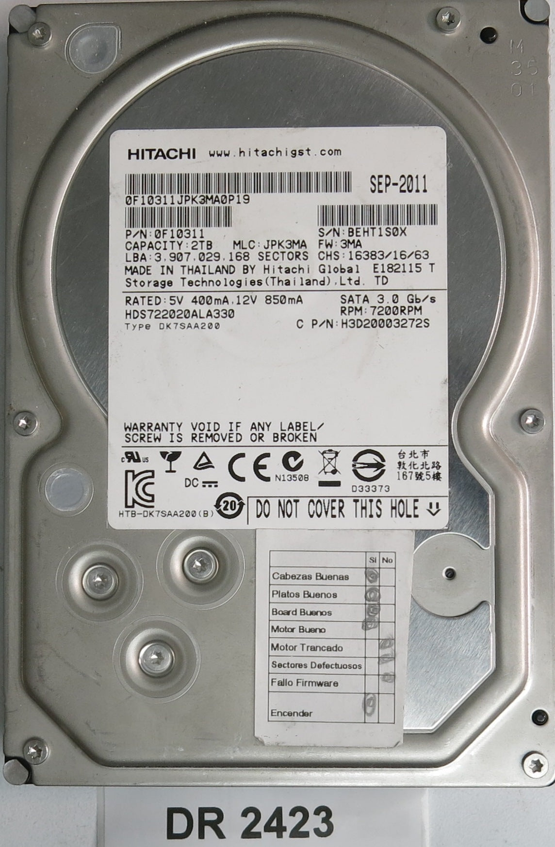 HDS722020ALA330, Serial Number: BEHT1S0X, P/N: 0F10311, MLC: JPK3MA, 2TB 3.5, PCB: 110 0A90201 01