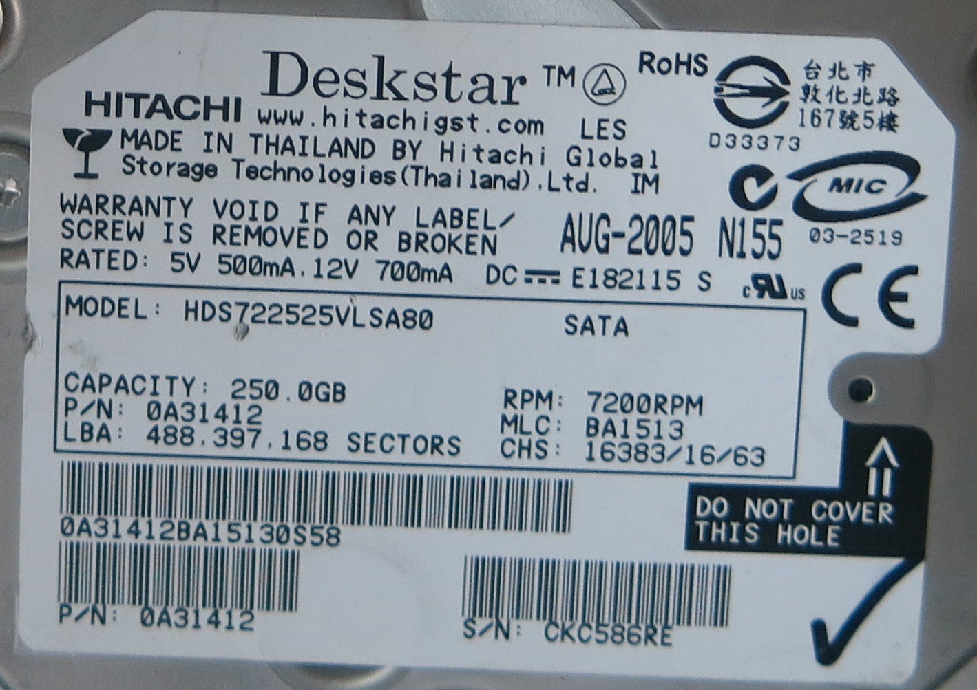 HDS722525VLSA80, MLC BA1513, F 13G0208 01  PCB