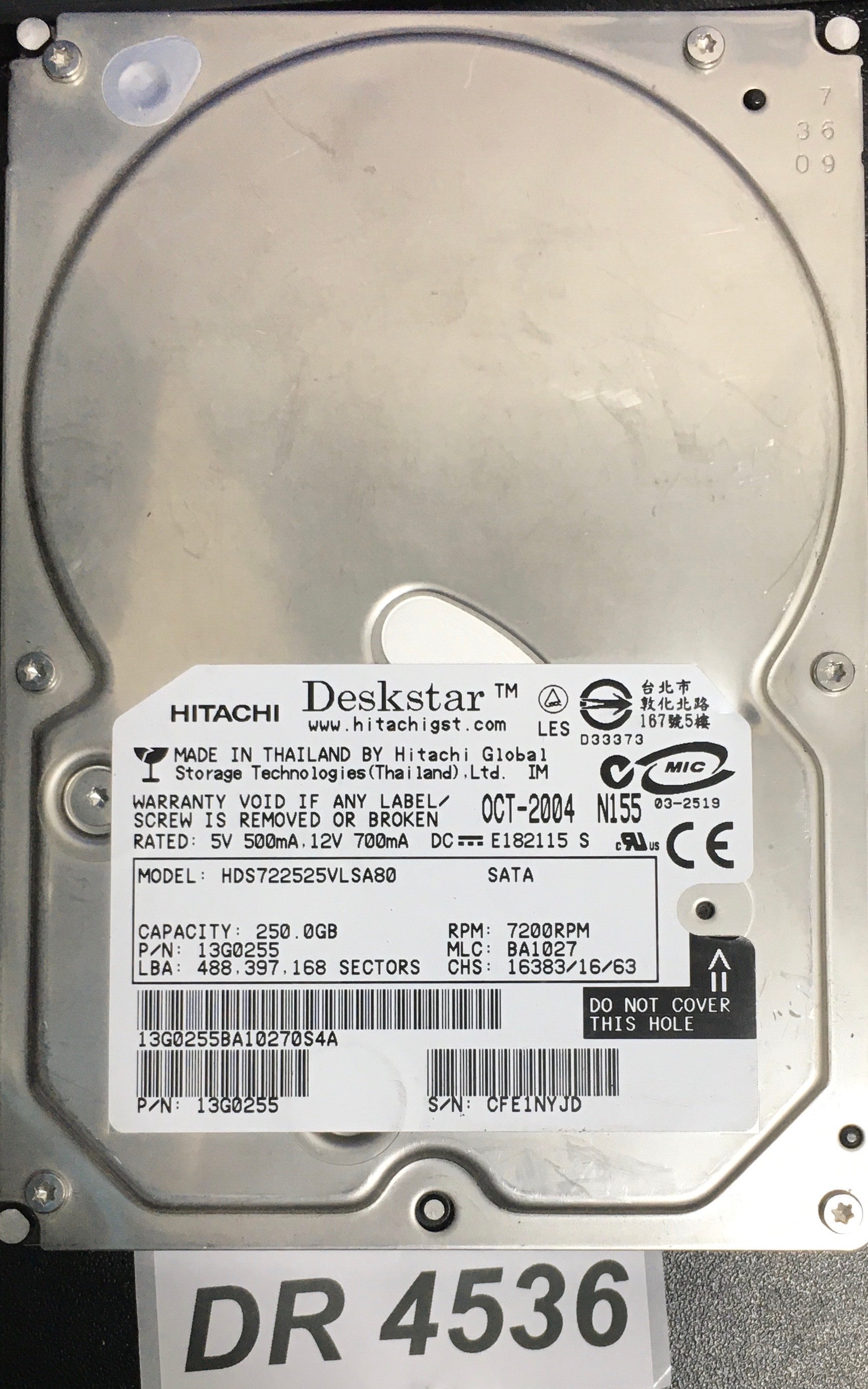 HDS722525VLSA80,  P/N: 13G0255,  MLC: BA1027,  Serial: CFE1NYJD,  250GB 3.5  PCB: F 13G0208 01