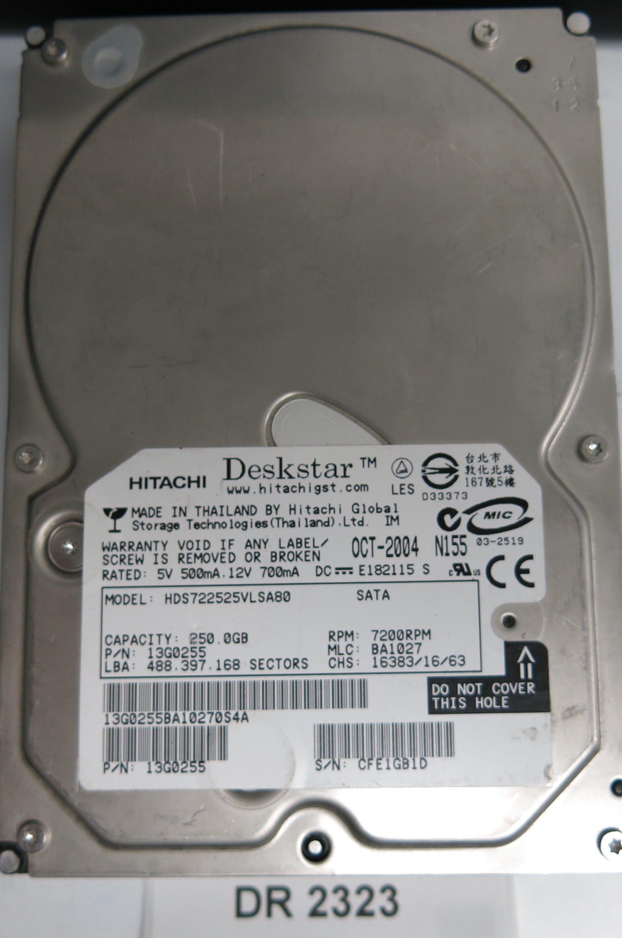 HDS722525VLSA80, Serial Number: 13G0255, P/N: 13G0255, MLC: BA1027, 250GB 3.5, PCB: F 13G0208 01