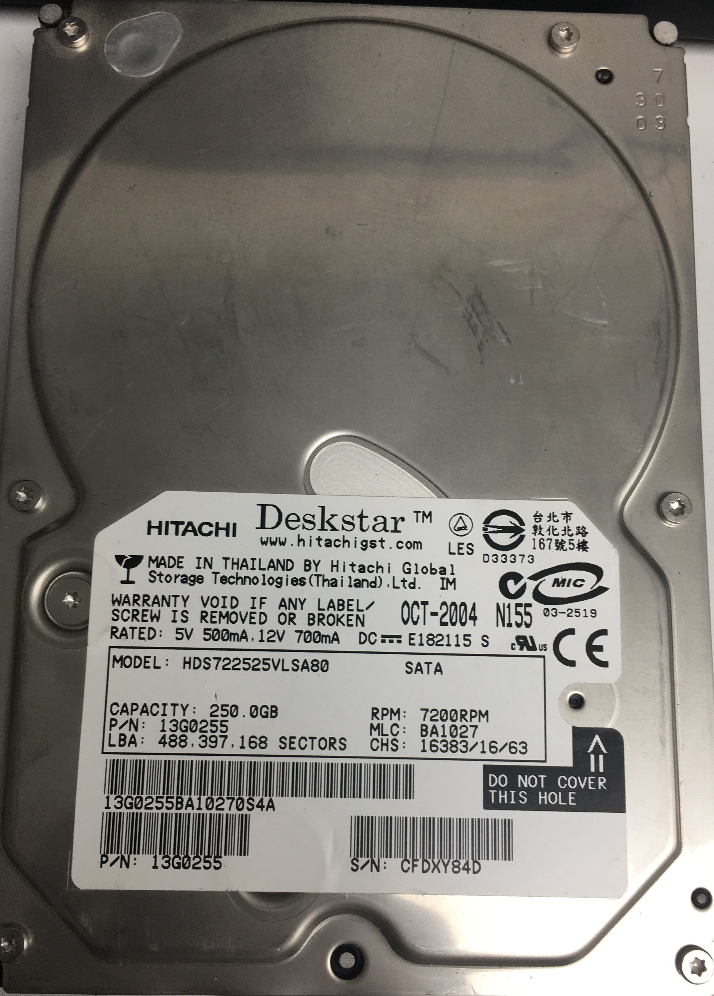 HDS722525VLSA80, Serial Number: CFDXY84D, P/N: 13G0255, MLC: BA1027, 250GB 3.5, PCB: F 13G0208 01