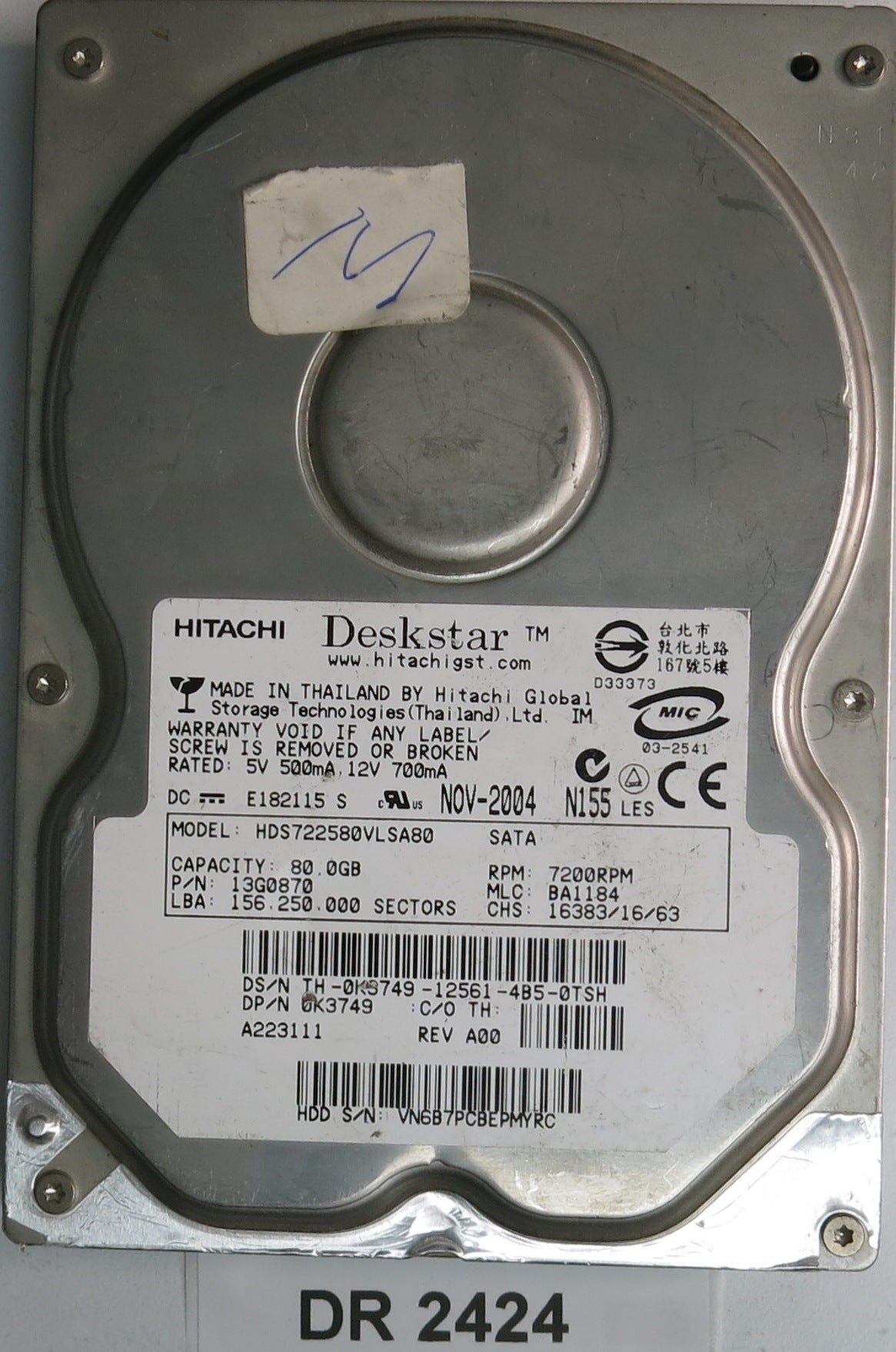 HDS722580VLSA80, Serial Number:VN6B7PCBEPMYRC, P/N: 13G0870, MLC: BA1184, 80GB 3.5, PCB: F 13G0208 01