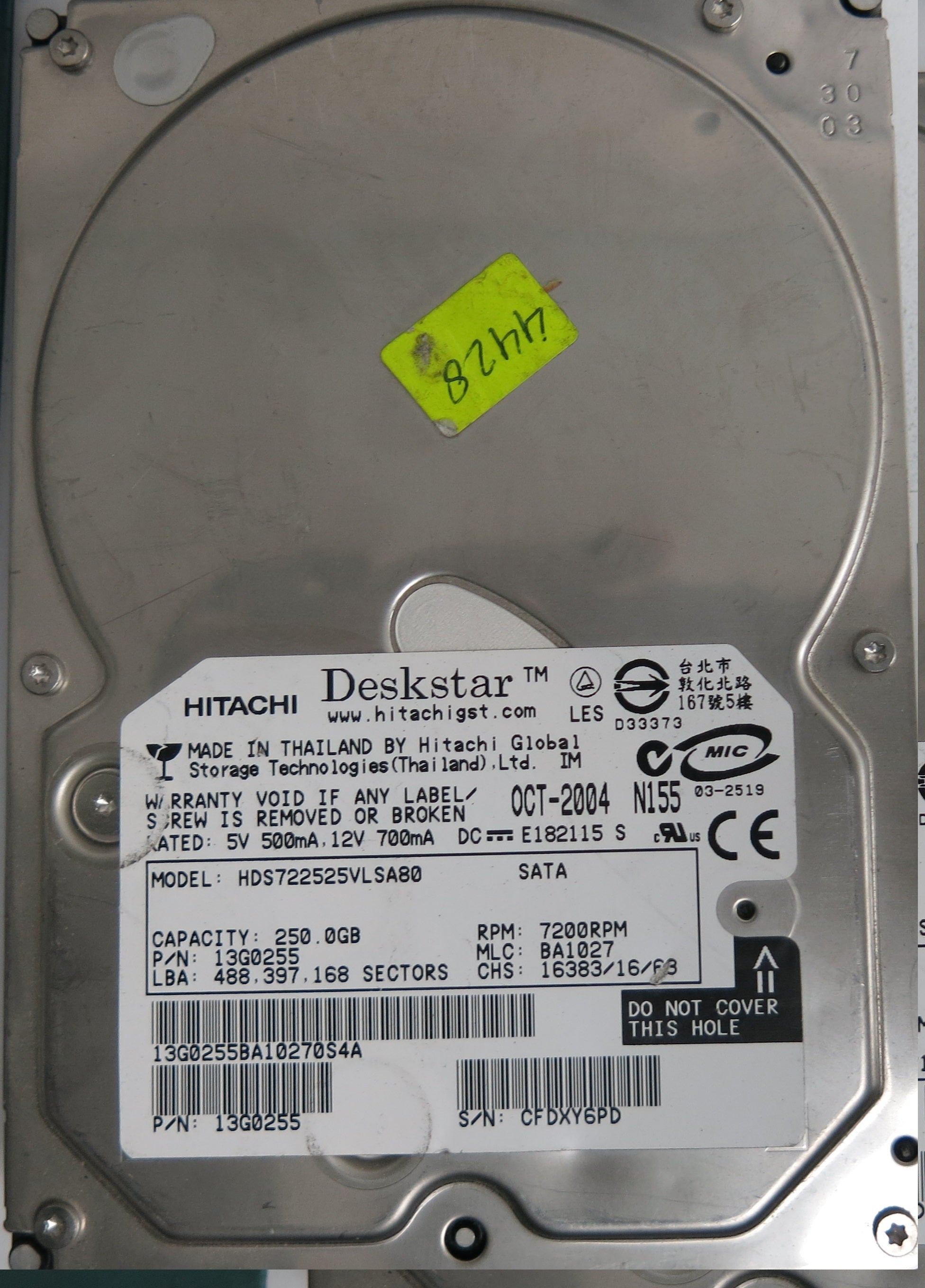 HDS7225VLSA80, Serial Number: CFDXY6PD, P/N 13G0255, PCB:  F 13G0208 01