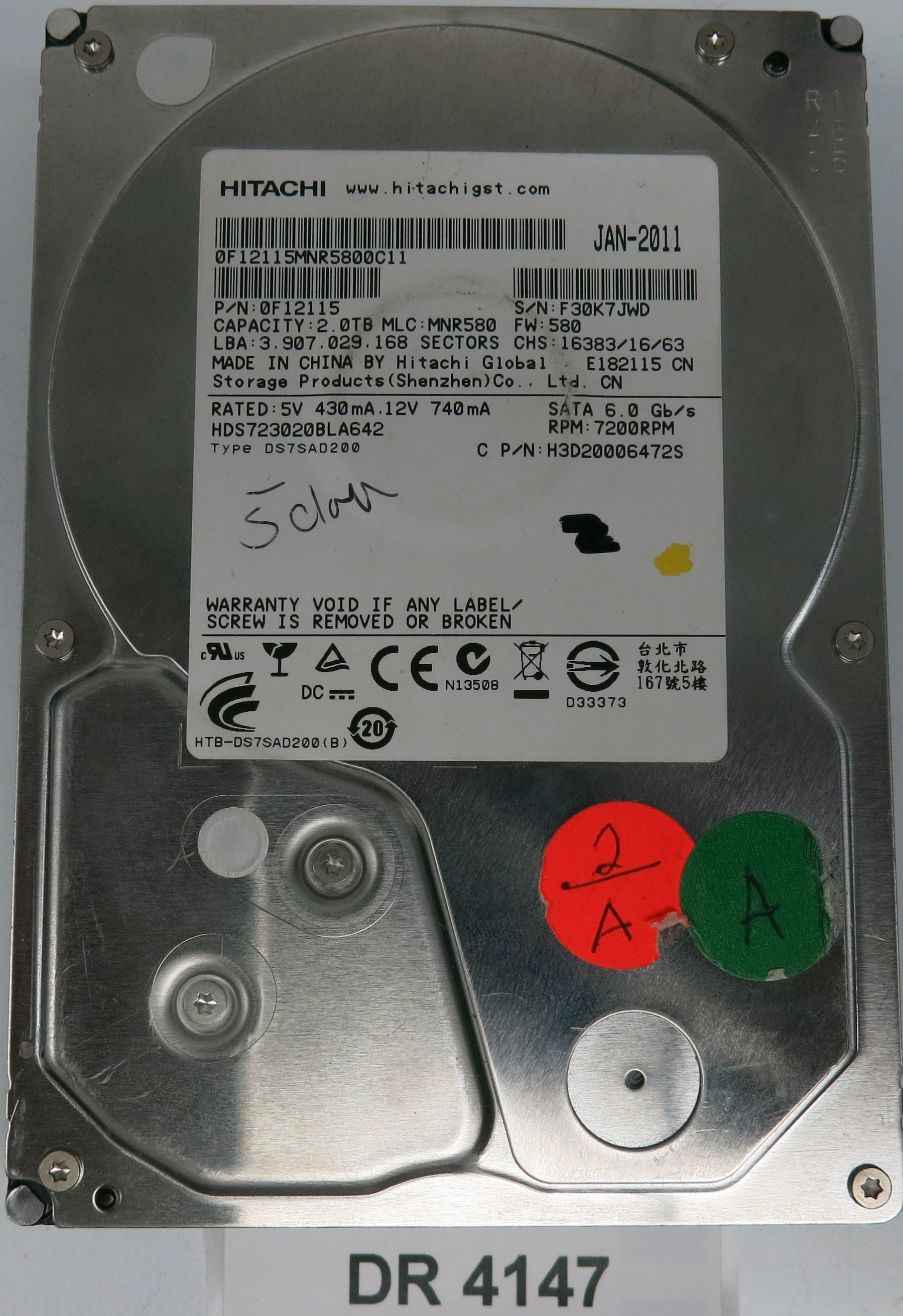 HDS723020BLA642, Serial Number: F30K7JWD, P/N: 0F12115, MLC: MNR580, 2.0TB 3.5, PCB: 220 0A90302 01