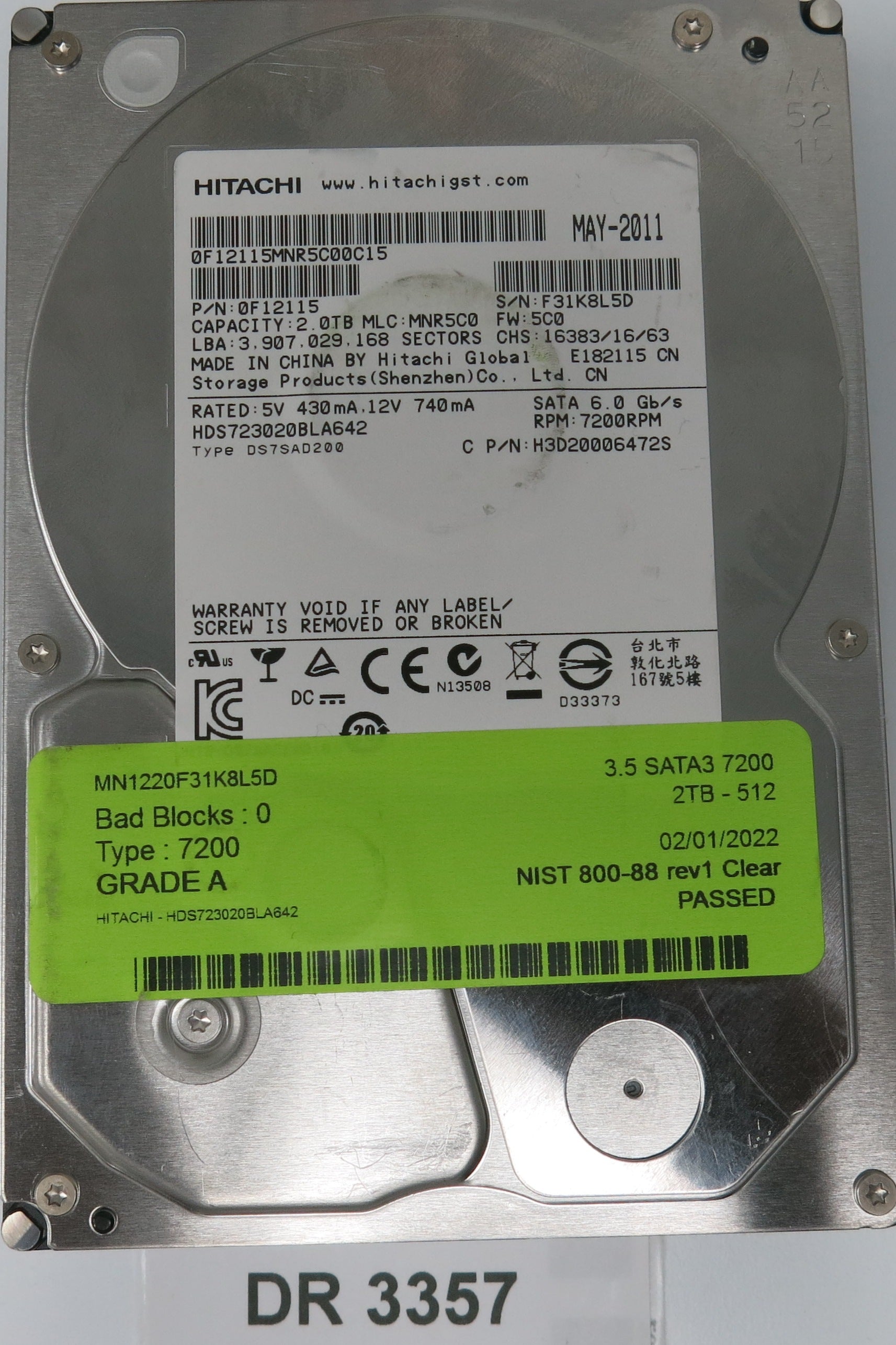 HDS723020BLA642, Serial Number: F31K8L5D, P/N: 0F12115, MLC: MNR5C0, 500GB 3.5, PCB: 220 0A90302 01