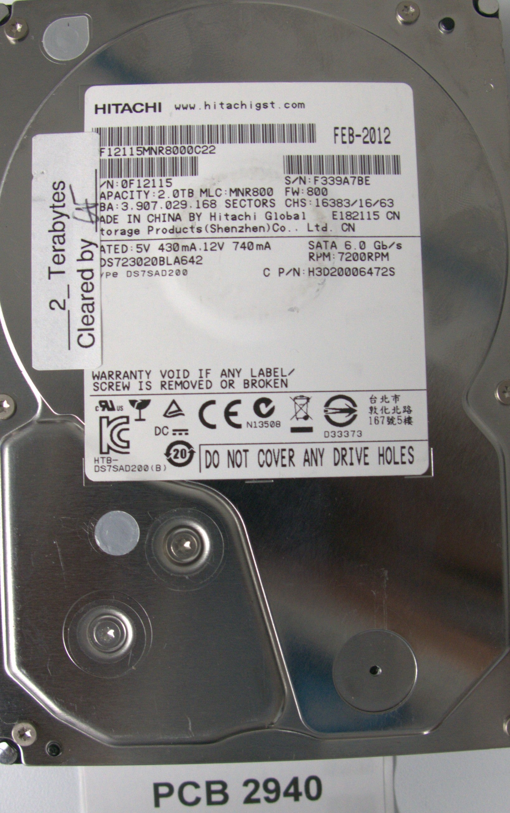 HDS723020BLA642, Serial Number: F339A7BE, P/N: 0F12115, MLC: MNR800, 2TB 3.5, PCB: 220 0A90302 01
