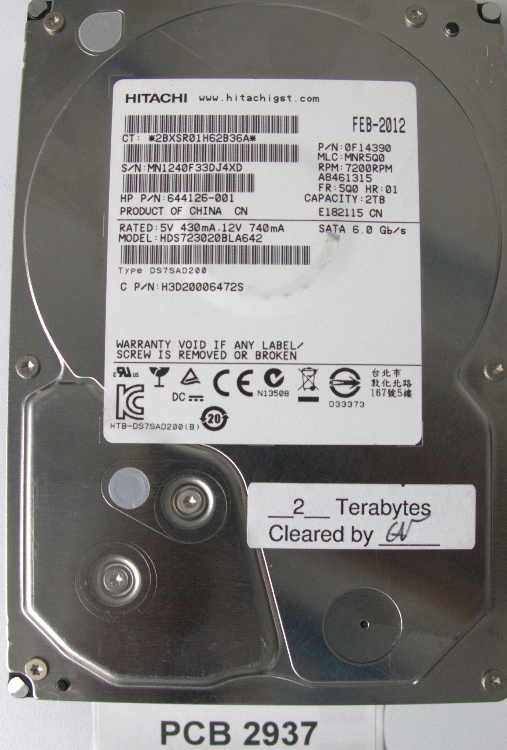 HDS723020BLA642, Serial Number: MN1240F33DJ4XD, P/N: 0F14390, MLC: MNR5Q0, PCB: 220 0A90302 01