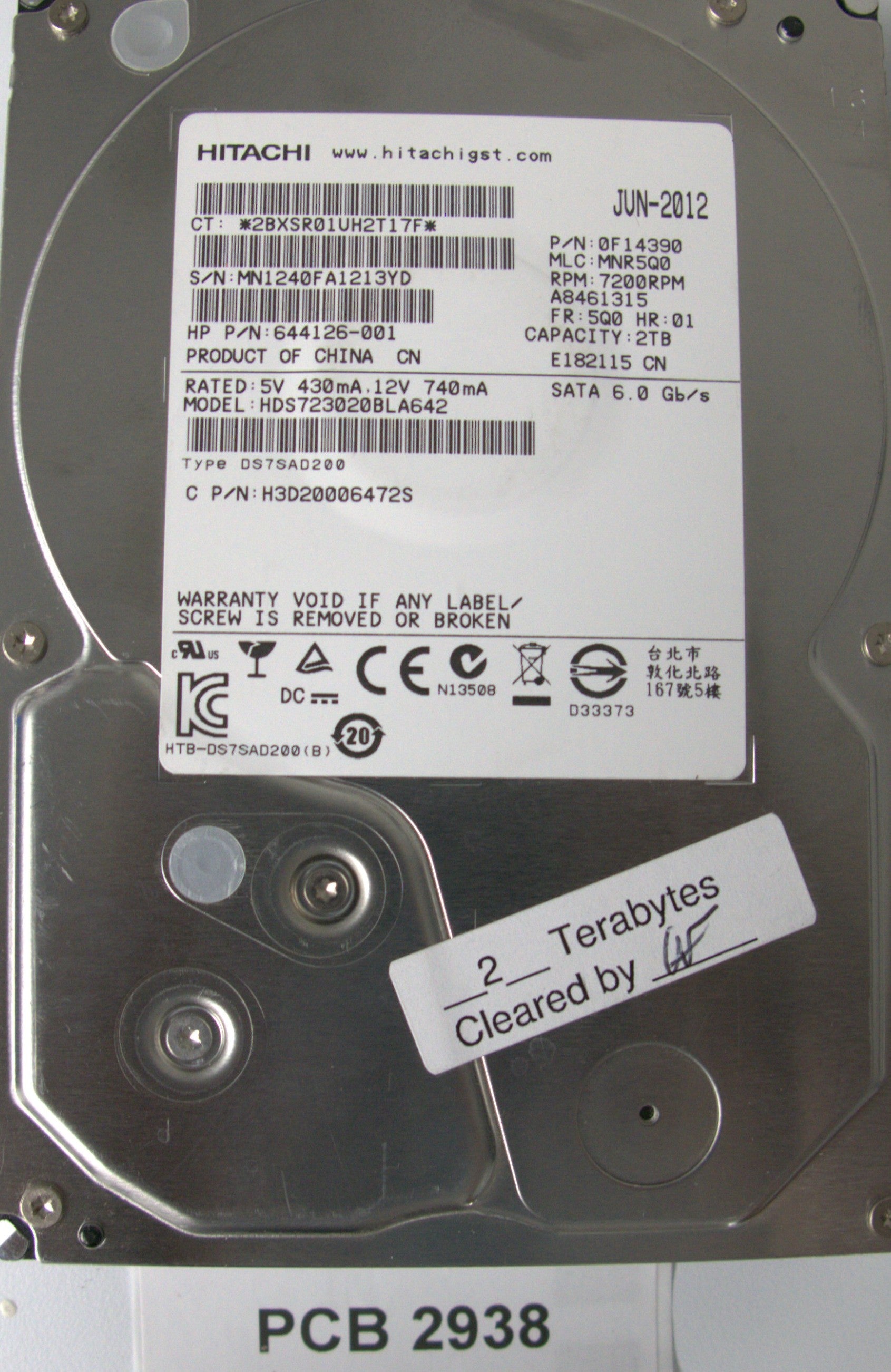 HDS723020BLA642, Serial Number: MN1240FA1213YD, P/N: 0F14390, MLC: MNR5Q0, PCB: 220 0A90302 01