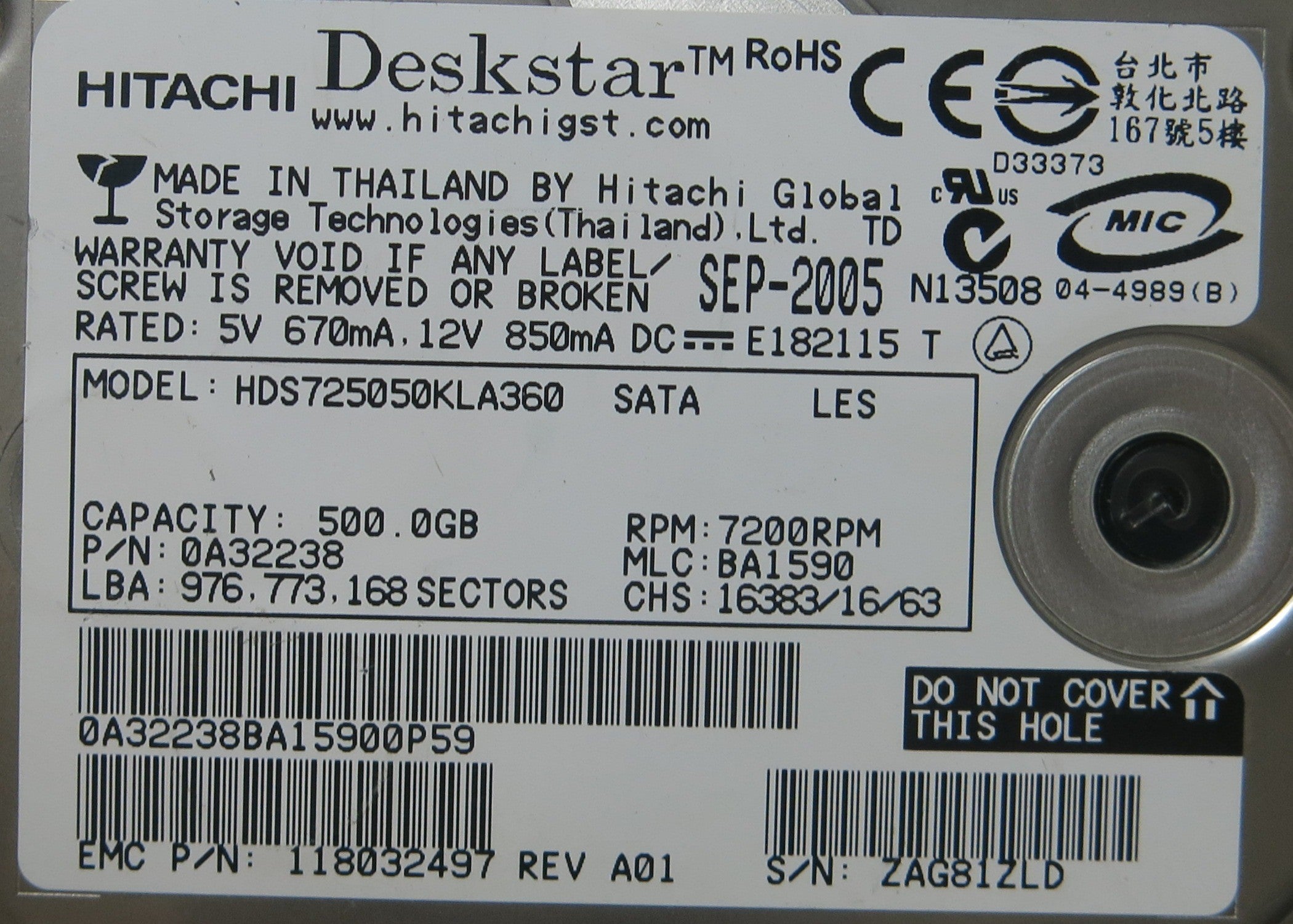 HDS725050KLA360 MLC 90BA15 F 0A311669 01 PCB