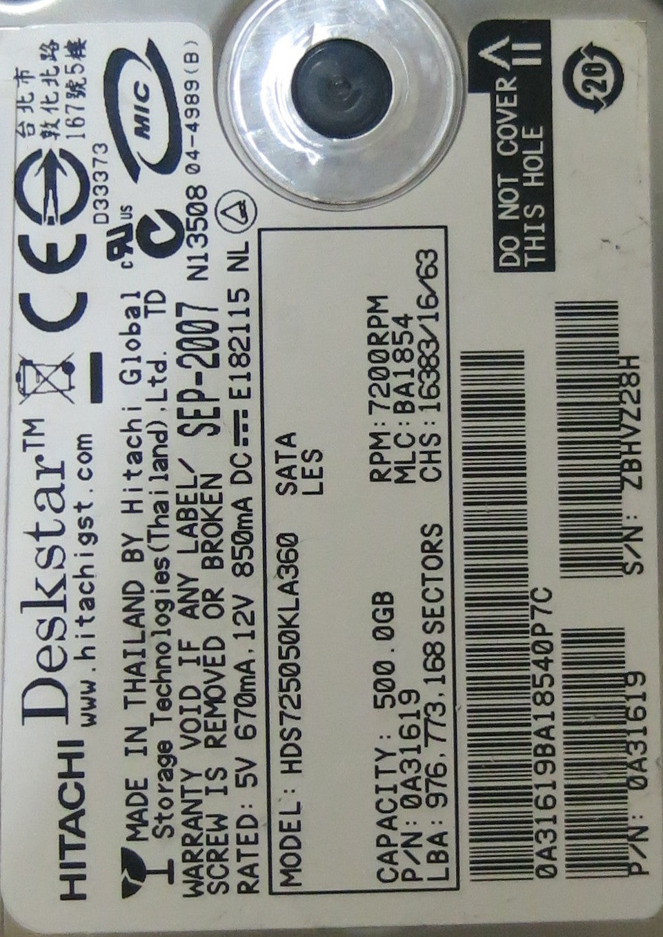 HDS725050KLA360 MLC BA1854 F 0A311669 01 PCB