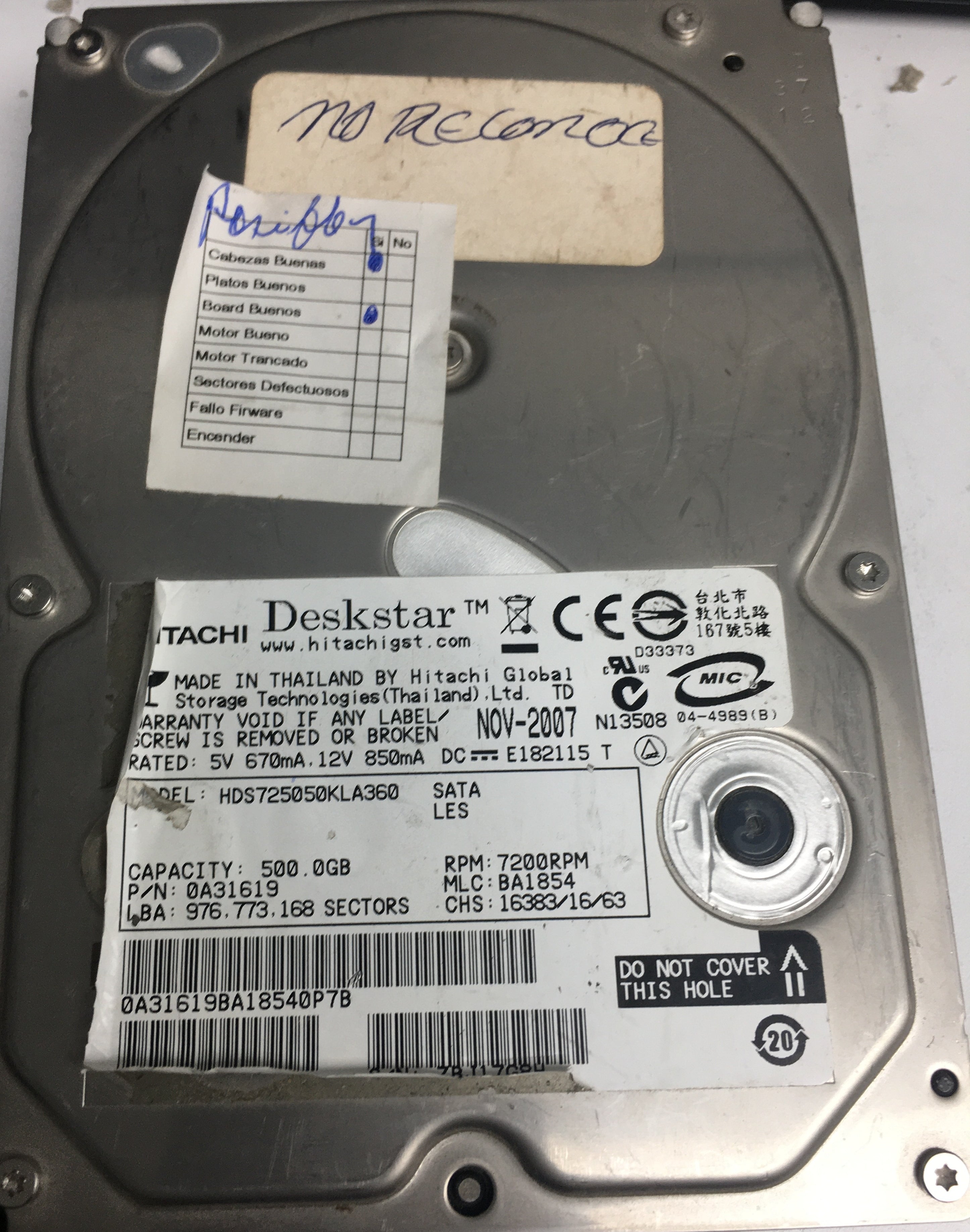 HDS725050KLA360, P/N: 0A31619, MLC: BA1854, 500GB 3.5, PCB: F 0A31169 01