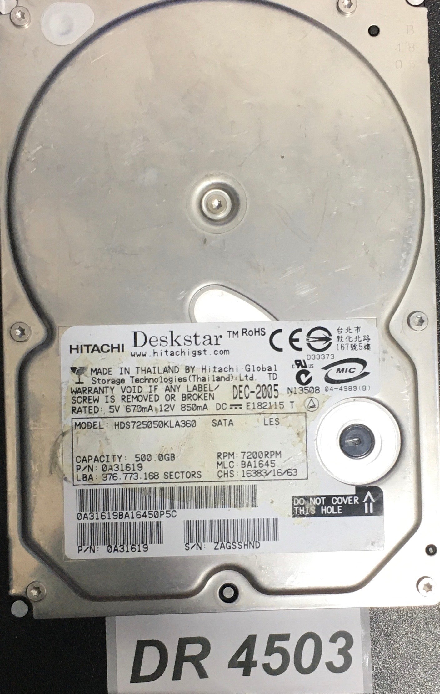 HDS725050KLA360  P/N:0A31619  Serial:ZAGSSHND  500GB 3.5  PCB: F 0A31169 01 REV A
