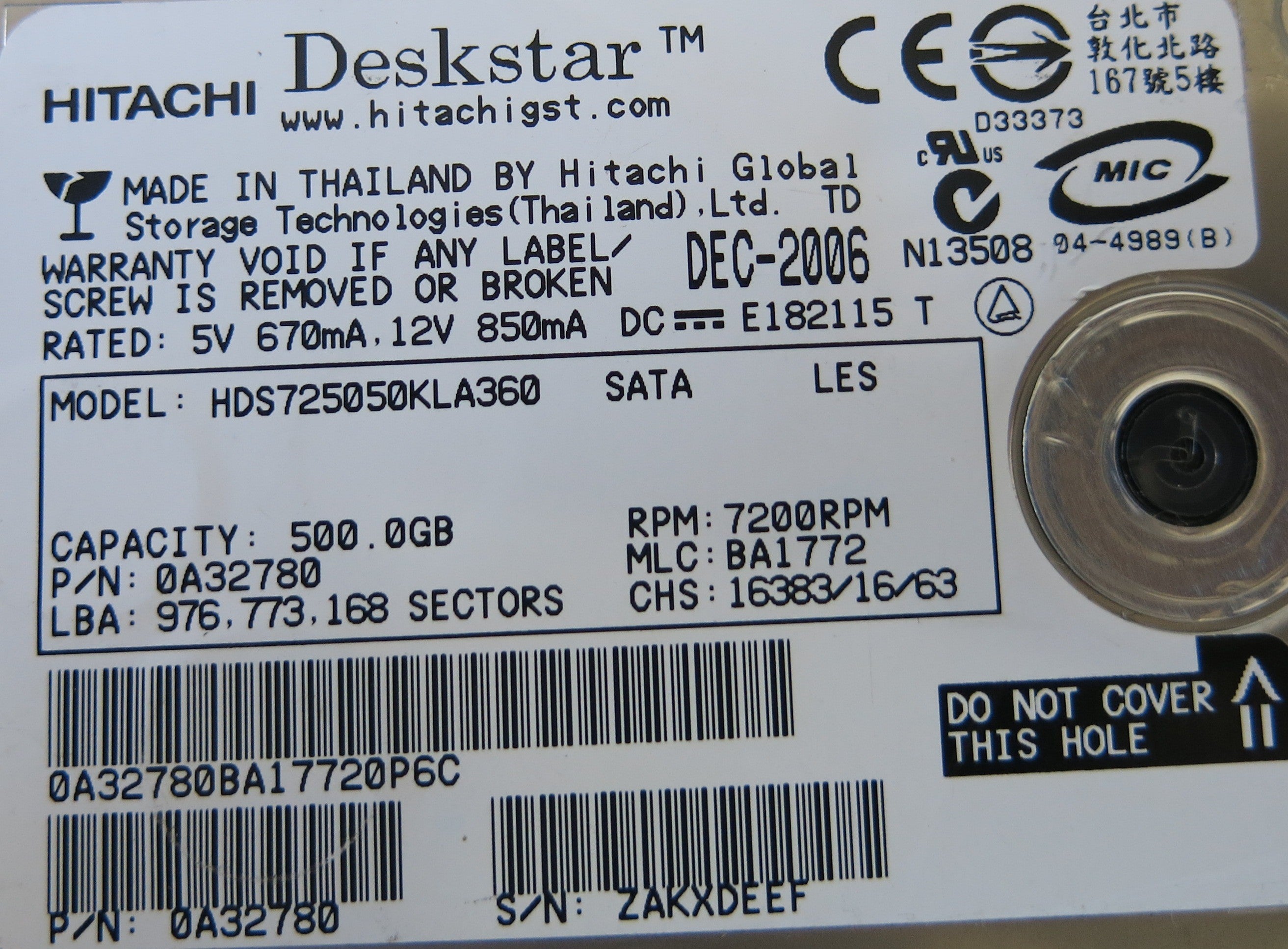HDS725050KLA360 P/N 0A32780 F 0A31169 01PCB