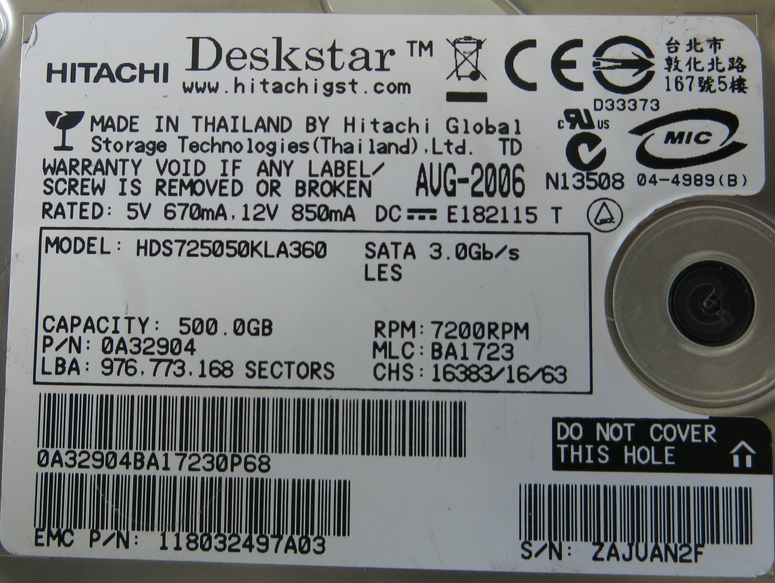 HDS725050KLA360 P/N 0A32904 B 0A31169 01