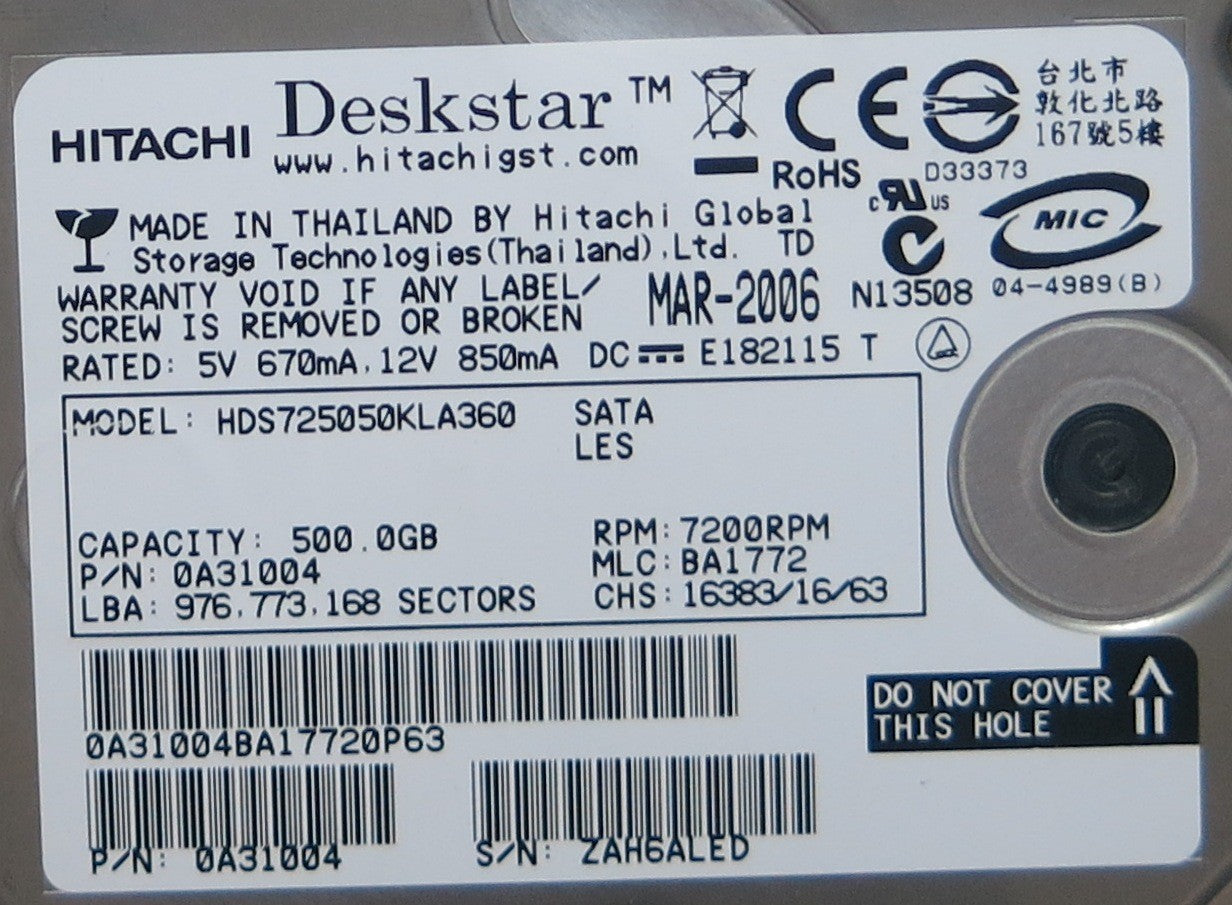 HDS725050KLA360, PN 0A31004, MLC  BA1772, F 0A31169 01  PCB
