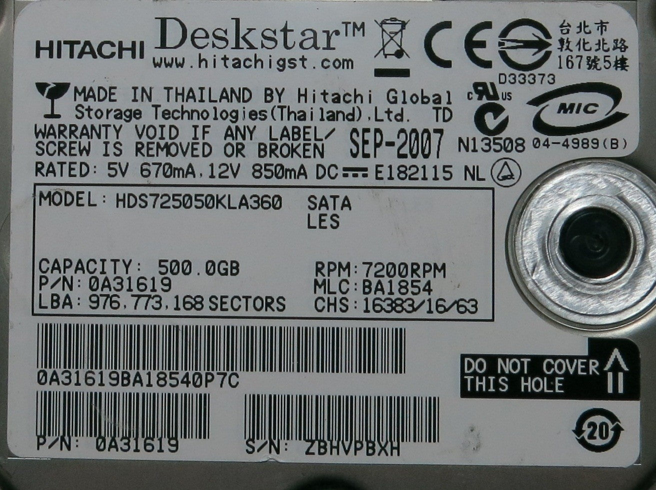 HDS725050KLA360,  P/N:0A31619,  MLC:BA1854,  Serial:ZBHVPBXH,  500GB 3.5,  PCB :F 0A31169 01- REV A