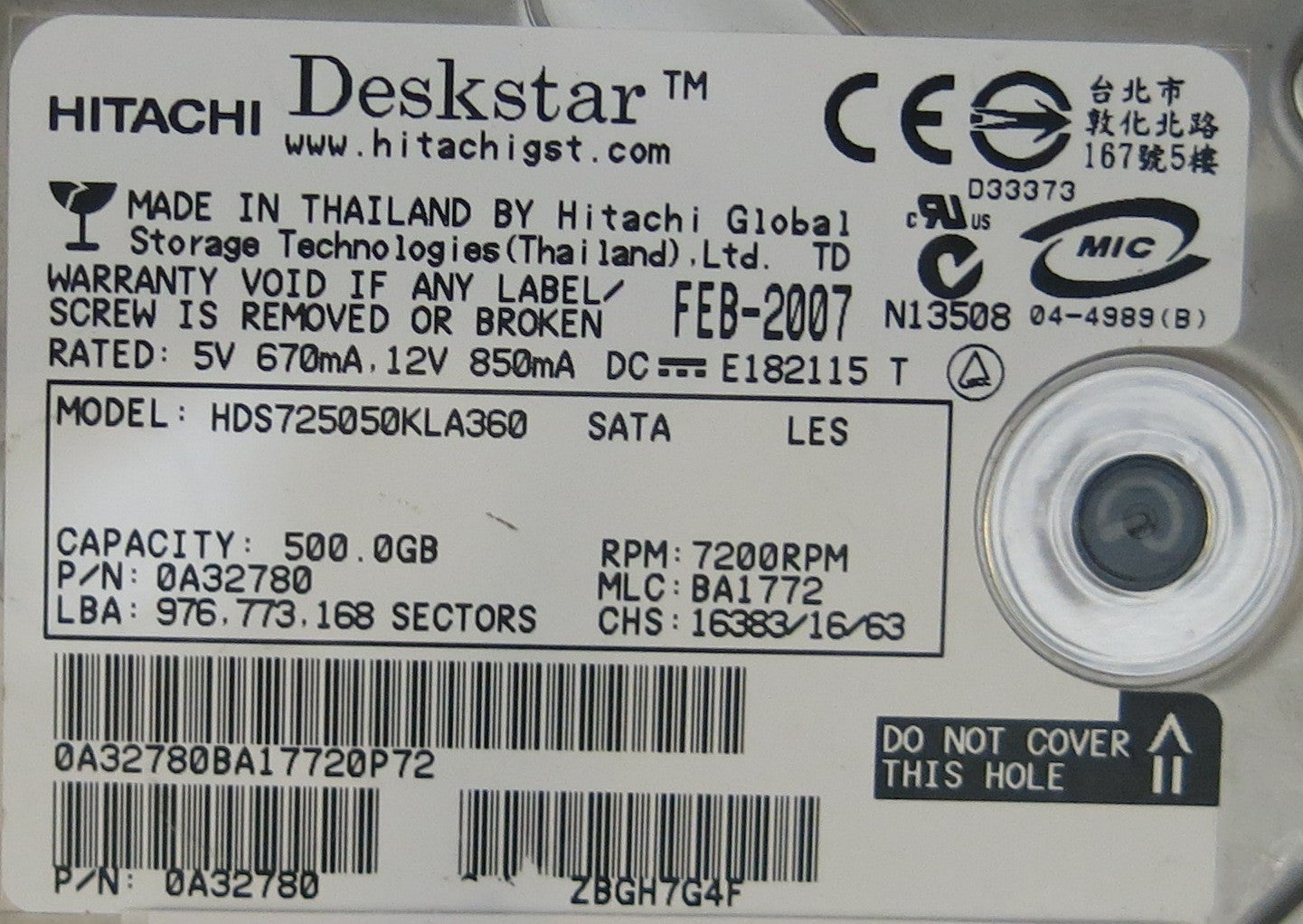 HDS725050KLA360 PN 0A32780 MLC BA1772 F 0A311669 01 PCB