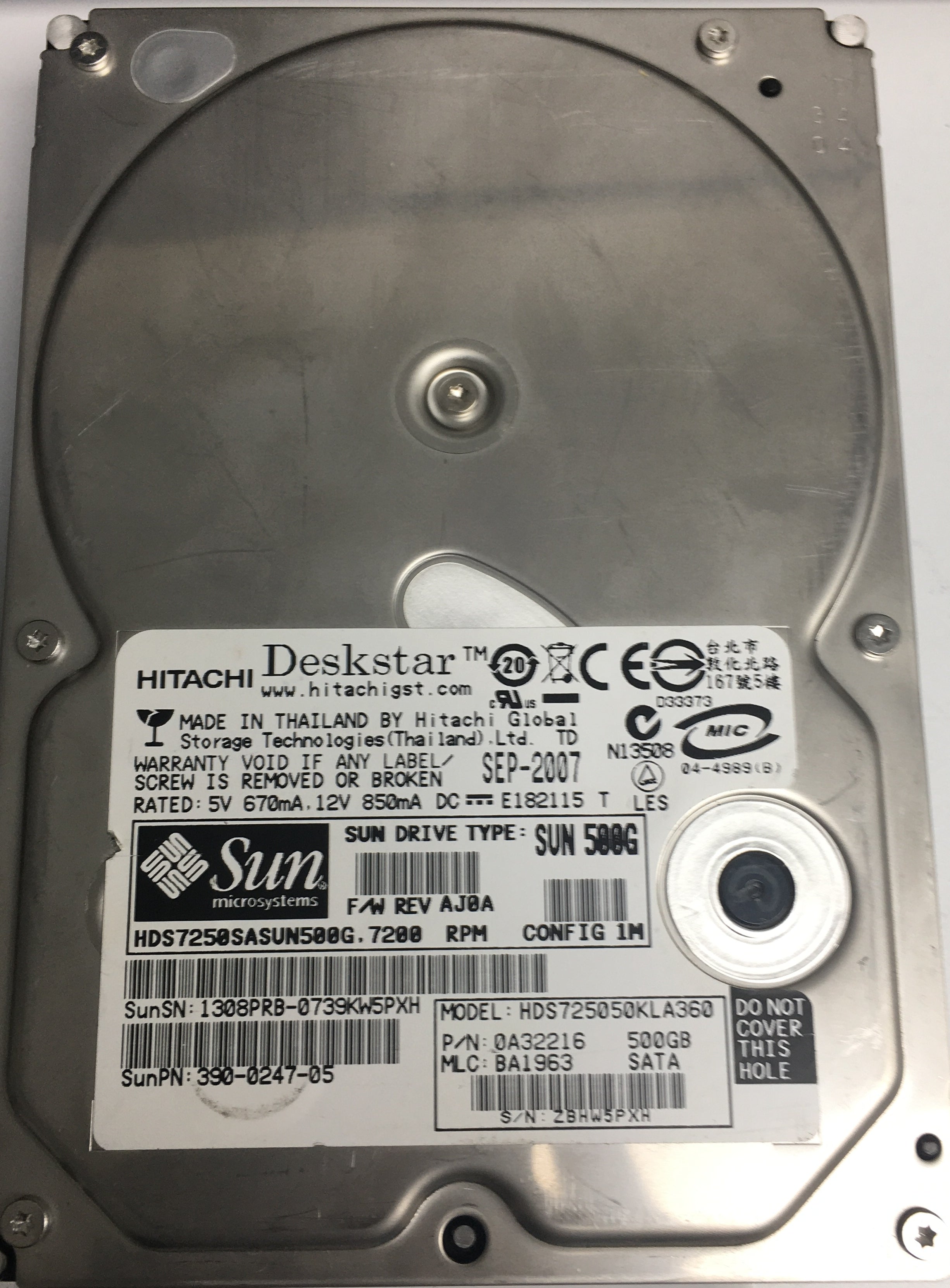 HDS725050KLA360, Serial Number: 1308PRB-0739KW5PXH, P/N: 0A32216, MLC: BA1963, 500GB 3.5, PCB: F 0A31169 01