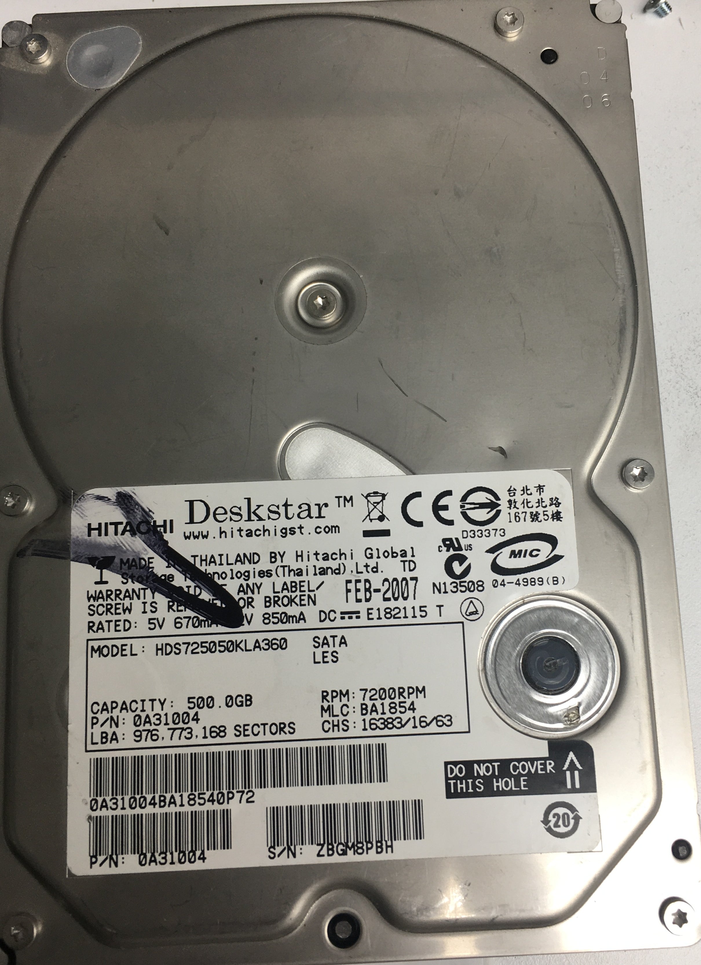 HDS725050KLA360, Serial Number: ZBG8PBH, P/N: 0A31004, MLC: BA1854, 500GB 3.5, PCB: F 0A31169 01