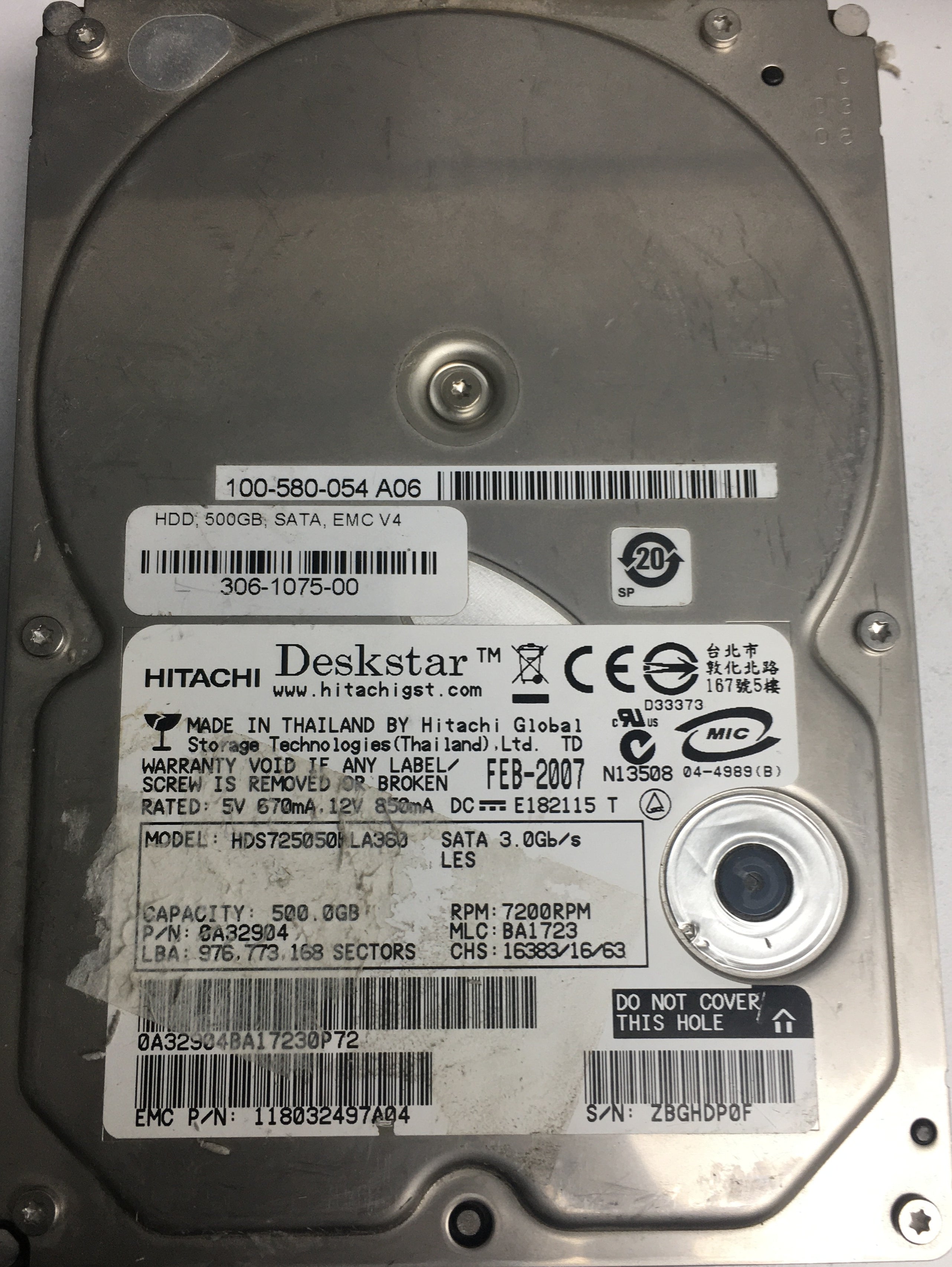 HDS725050KLA360, Serial Number: ZBGHDP0F, P/N: 0A32904, MLC:BA1723, 500GB 3.5, PCB: F 0A31169 01