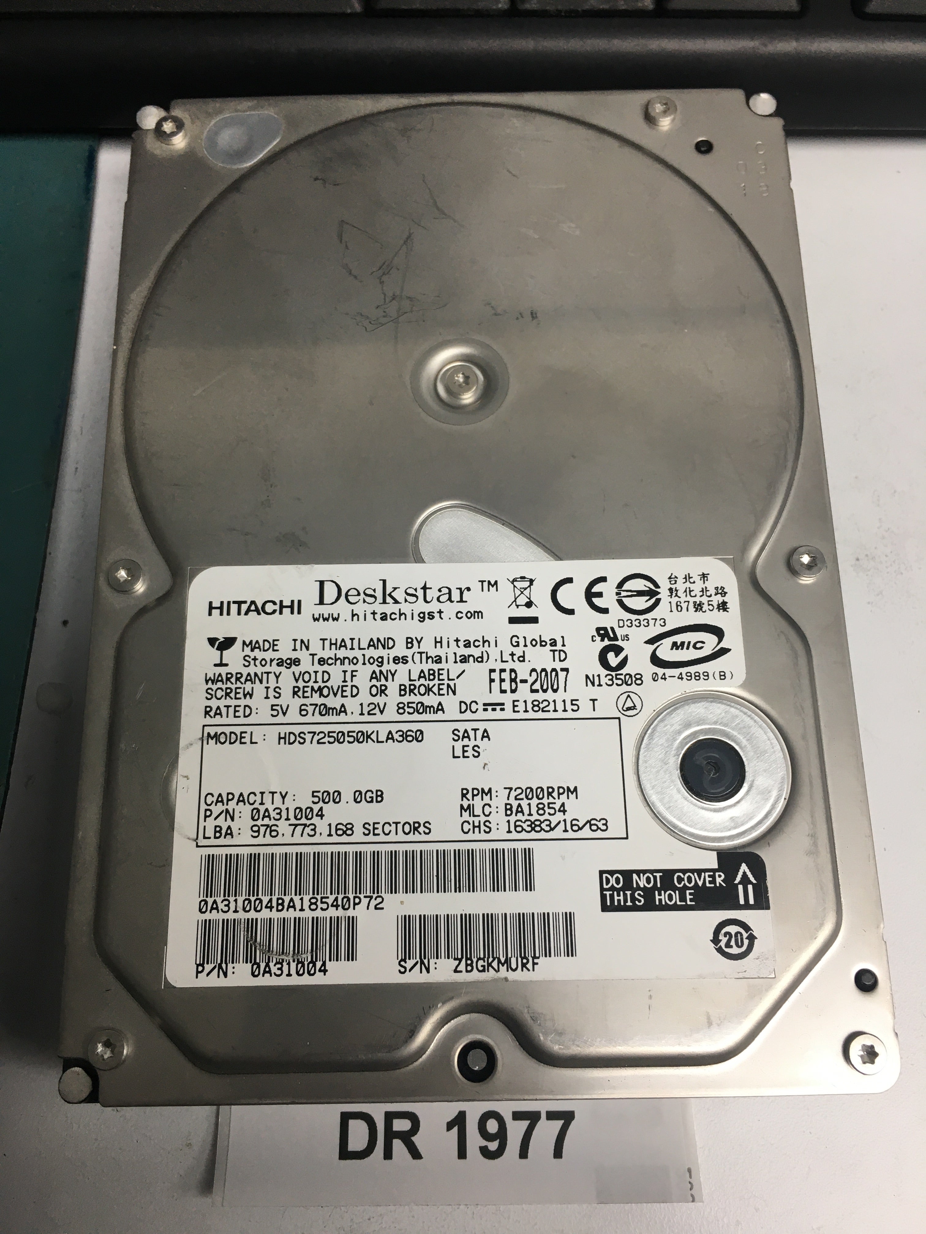 HDS725050KLA360, Serial Number: ZBGKMURF, P/N: 0A31004, MLC: BA1854, 500GB 3.5, PCB: F 0A31169 01
