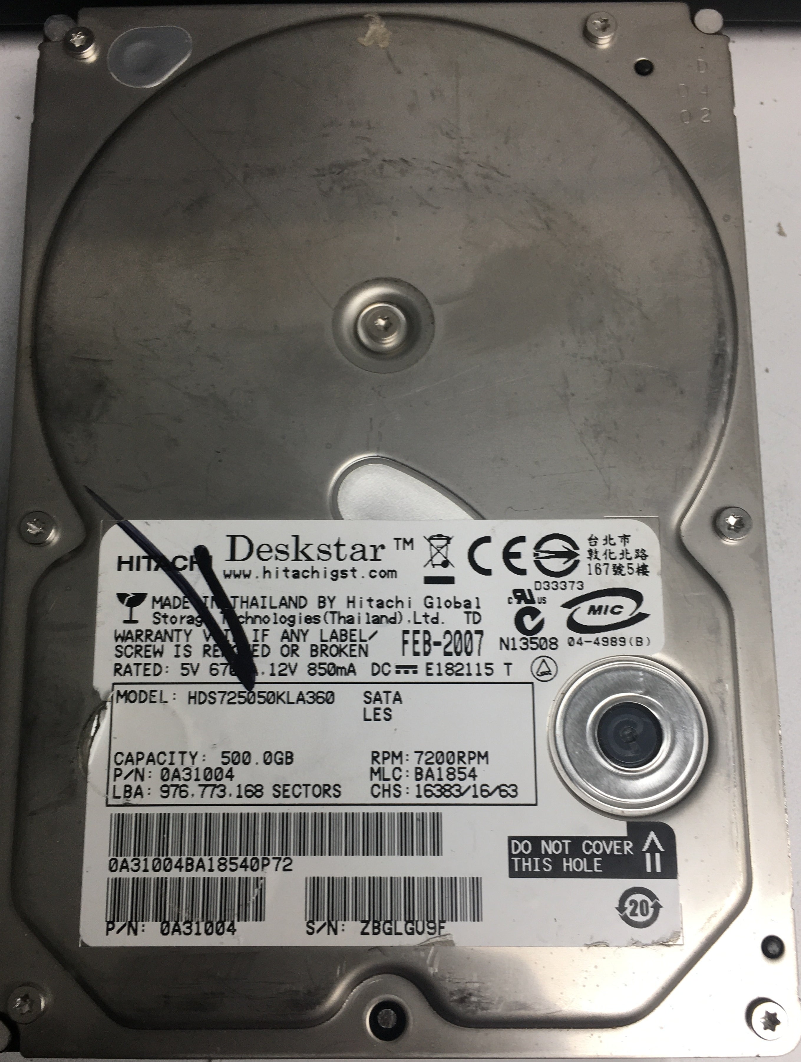 HDS725050KLA360, Serial Number: ZBGLG09F, P/N: 0A31004, MLC: BA1854, 500GB 3.5, PCB: F 0A31169 01