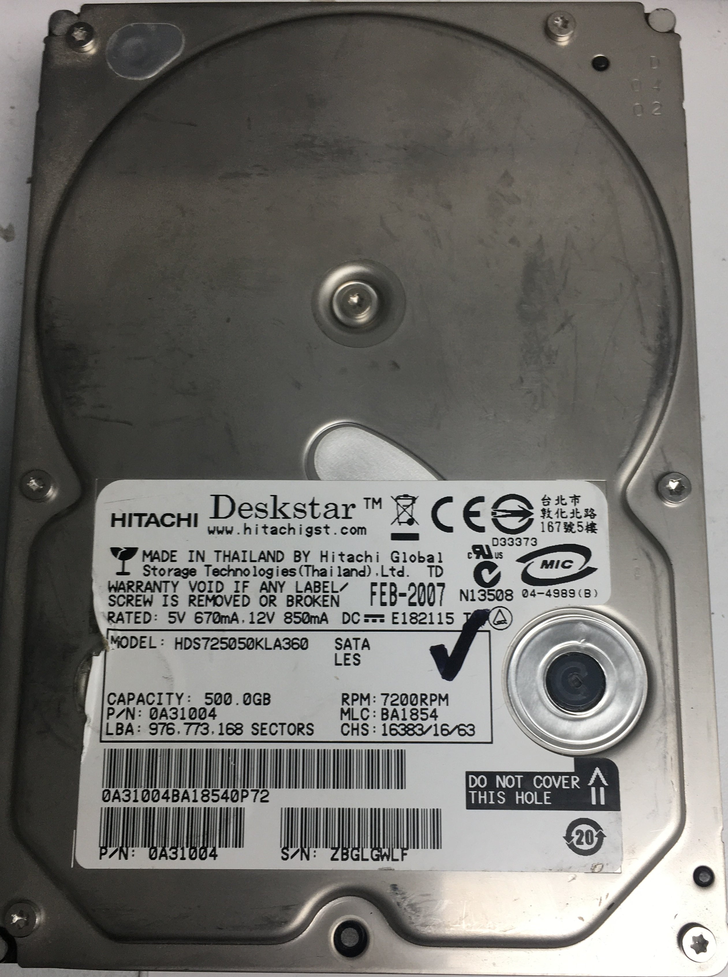 HDS725050KLA360, Serial Number: ZBGLGWLF, P/N: 0A31004, MLC: BA1854, 500GB 3.5, PCB: F 0A31169 01