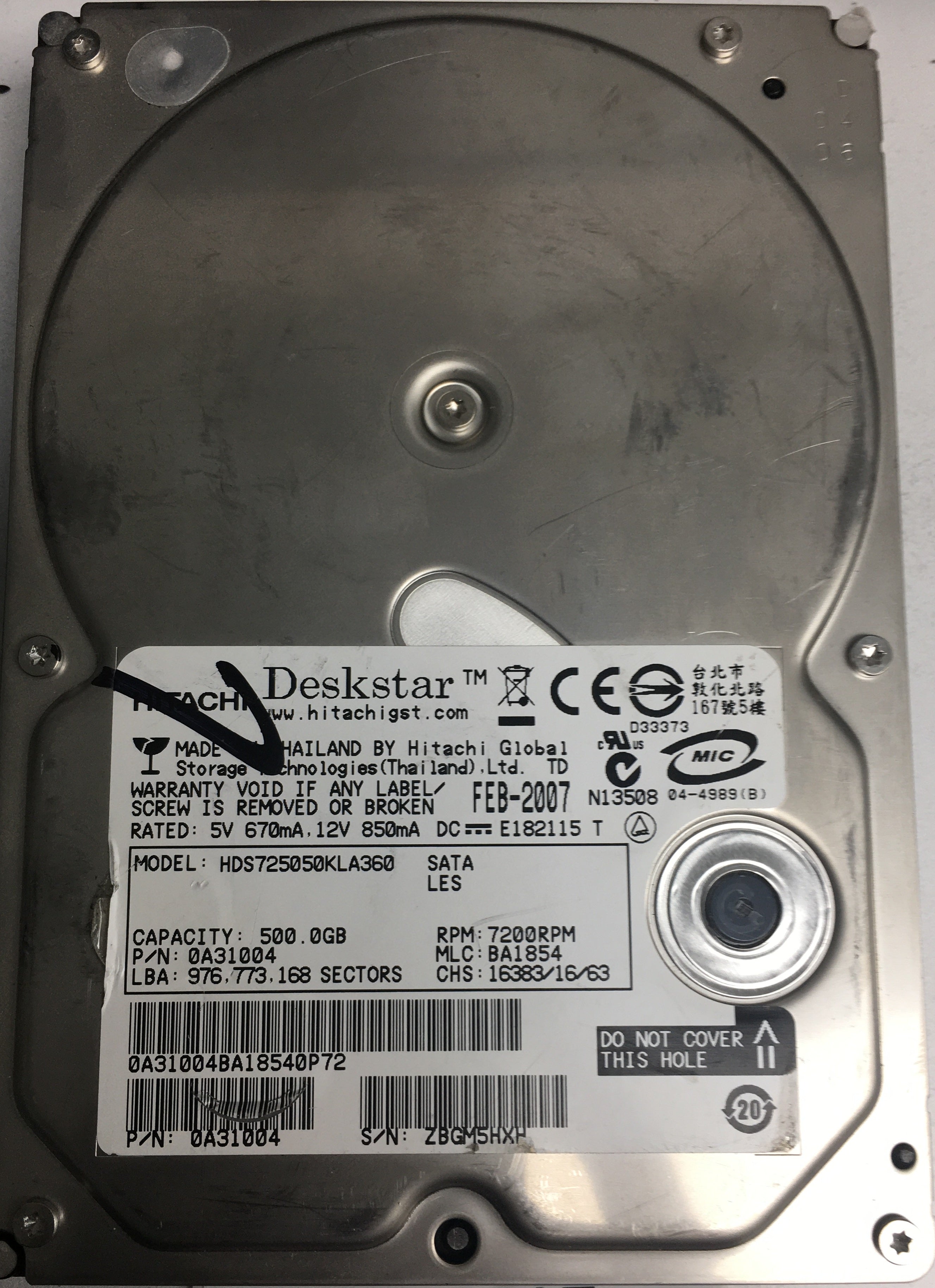 HDS725050KLA360, Serial Number: ZBGM5HXH, P/N: 0A31004, MLC: BA1854, 500GB 3.5, PCB: F 0A31169 01