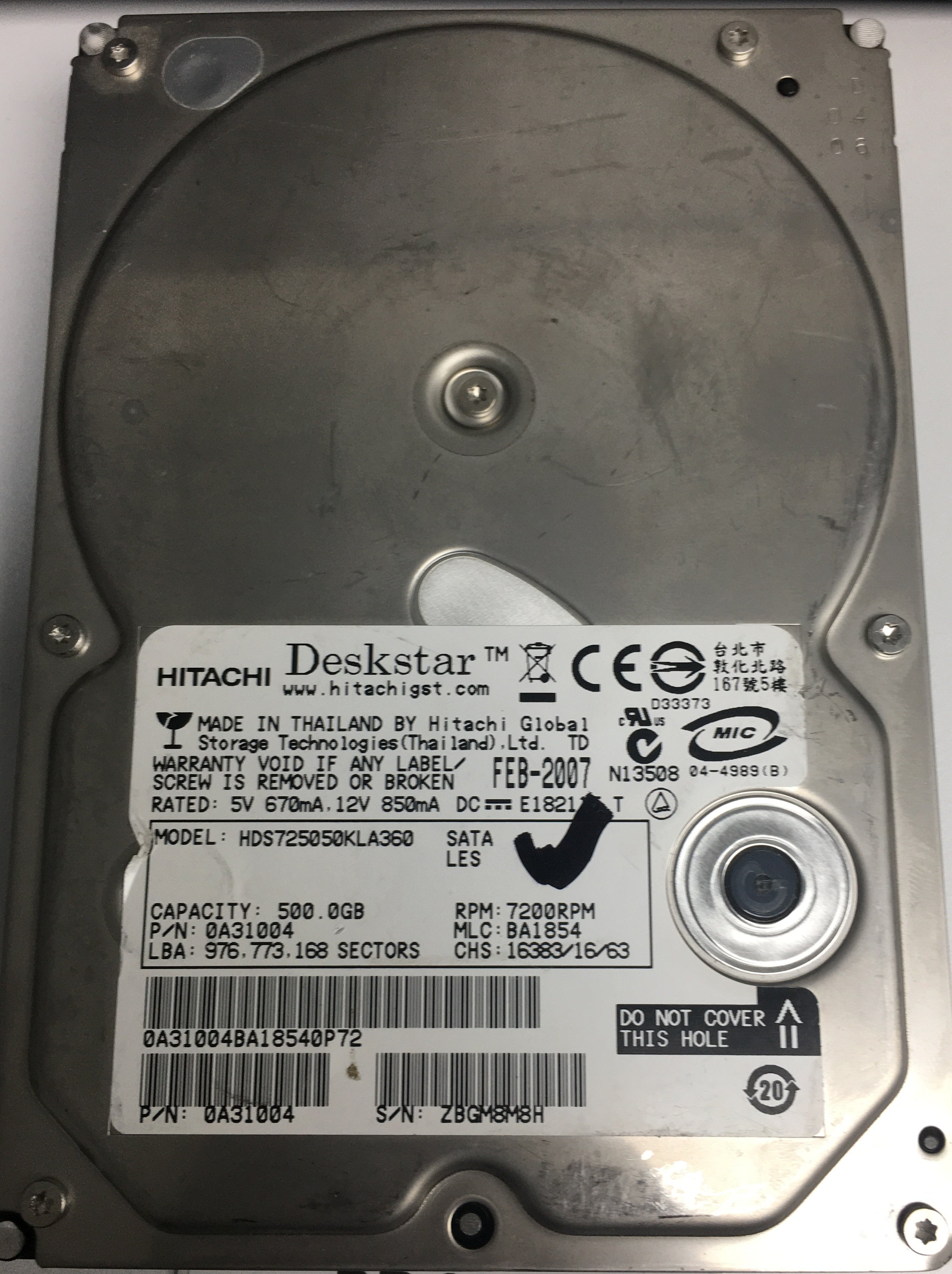 HDS725050KLA360, Serial Number: ZBGM8M8H, P/N: 0A31004, MLC: BA1854, 500GB 3.5, PCB: F 0A31169 01