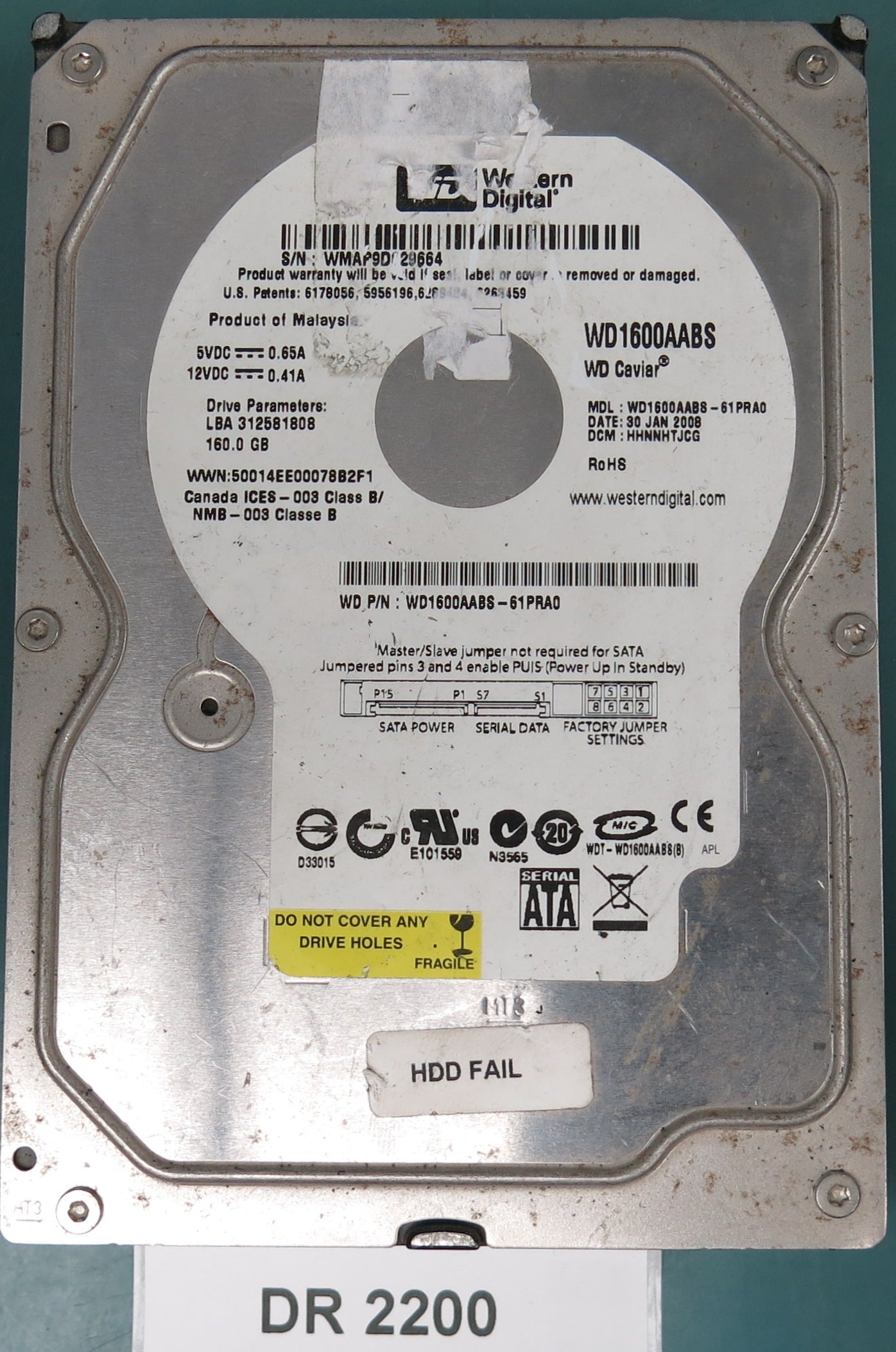 WD1600AABS-61PRA0,  Serial:WMAP9D029664,  160GB 3.5,  PCB:2060-701444-004- REV A