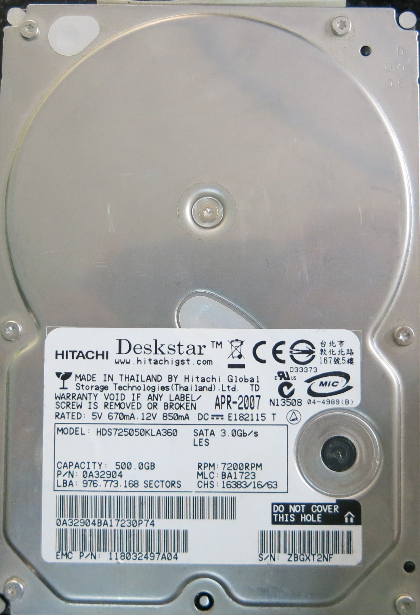 HDS725050KLA360, Serial Number : ZBGXT2NF, P/N: 0A32904, MLC: BA1723, 500GB 3.5, PCB: F 0A31169 01