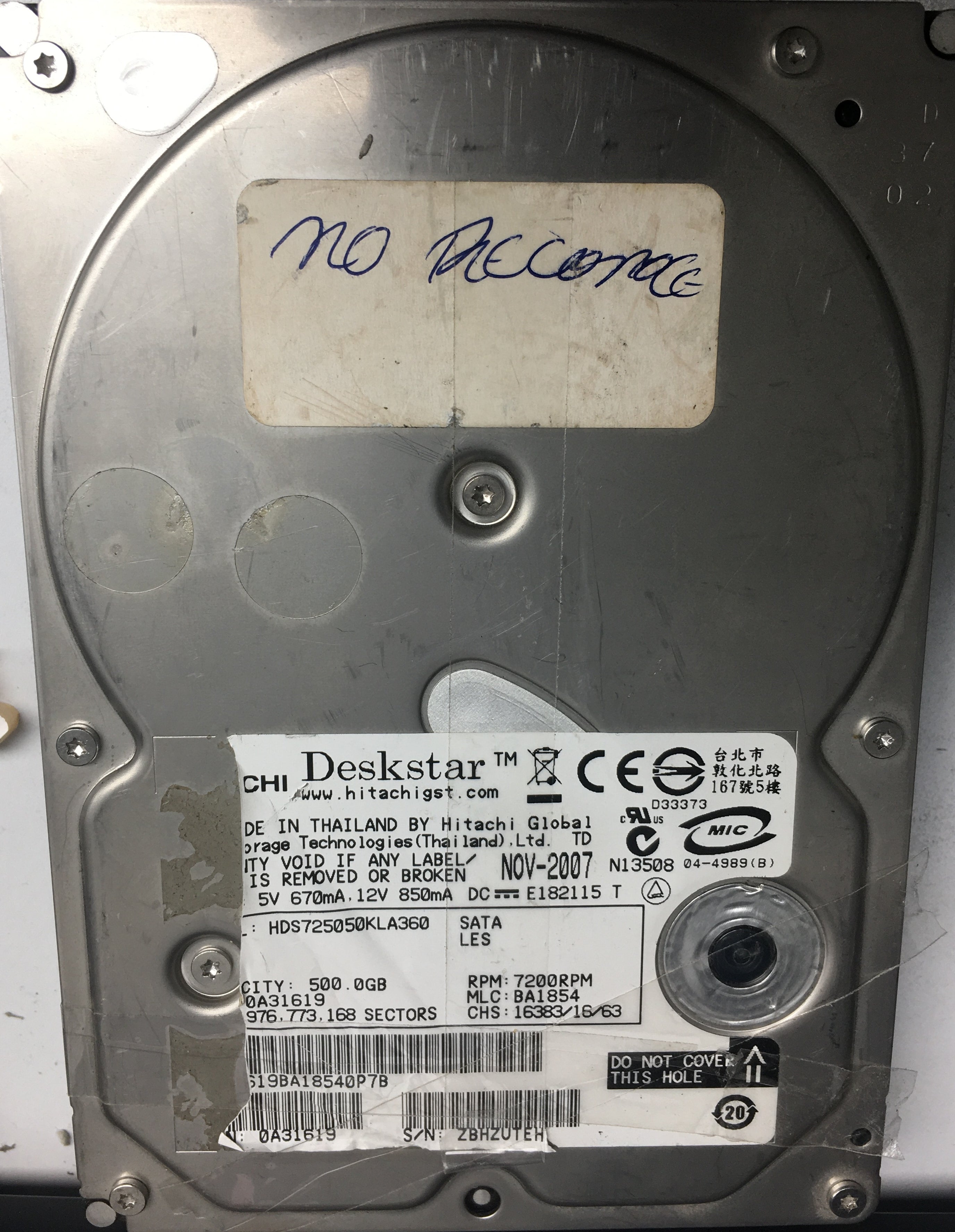 HDS725050KLA360 Serial Number: ZBHZUTEH, P/N: 0A31619, MLC: BA1854, 500GB 3.5