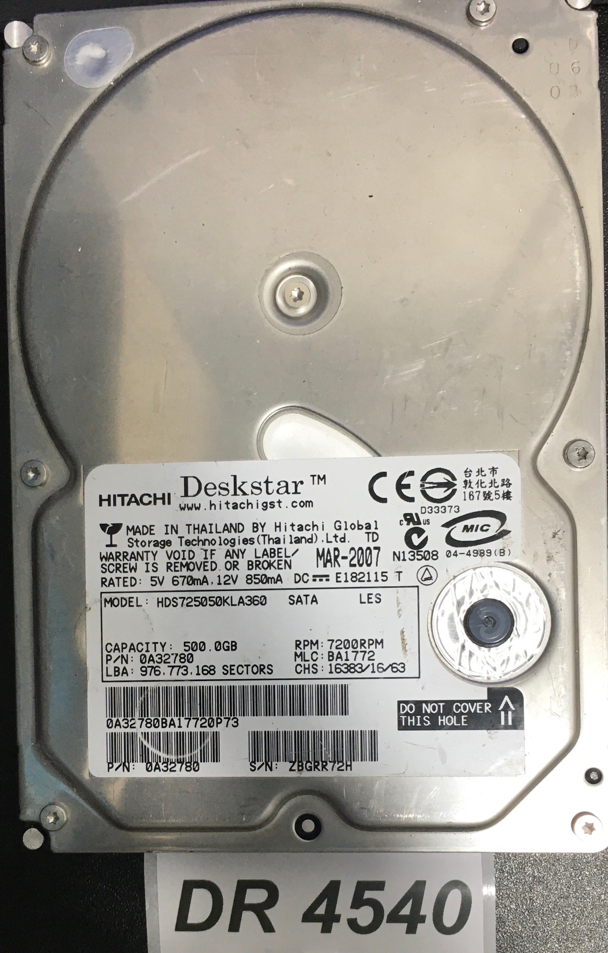 HDS725050KLA360  Serial:ZBGRR72H  500GB 3.5