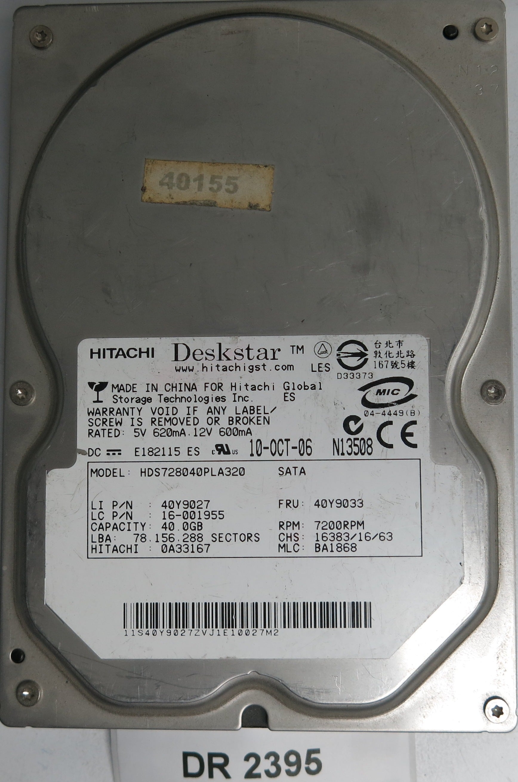HDS728040PLA320, P/N:0A33167, MLC: BA1868, 40GB 3.5