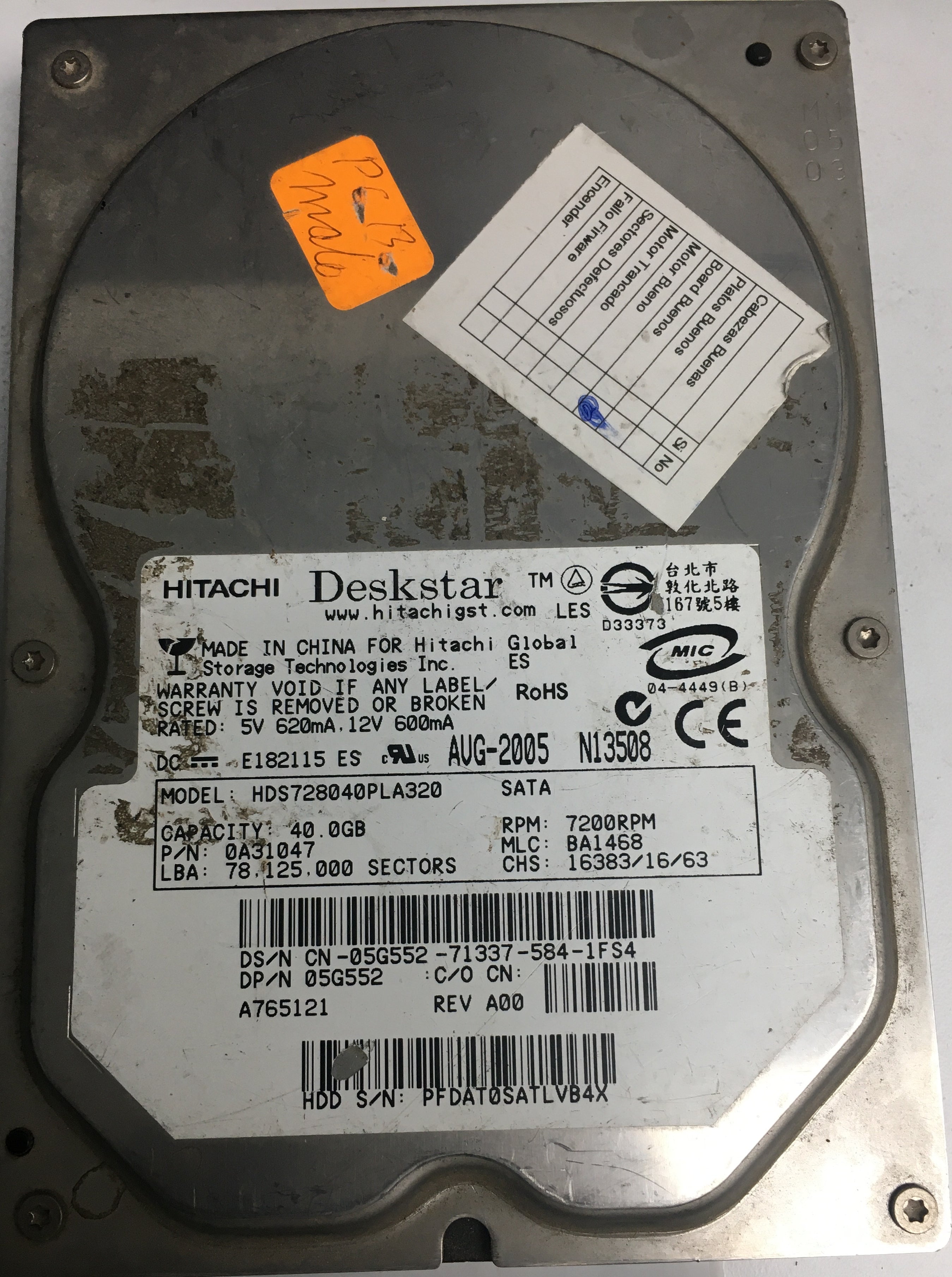 HDS728040PLA320, Serial Number: PFDAT0SATLVB4X, P/N: 0A31047, MLC: BA1468, 40GB 3.5, PCB: F 0A30364 01