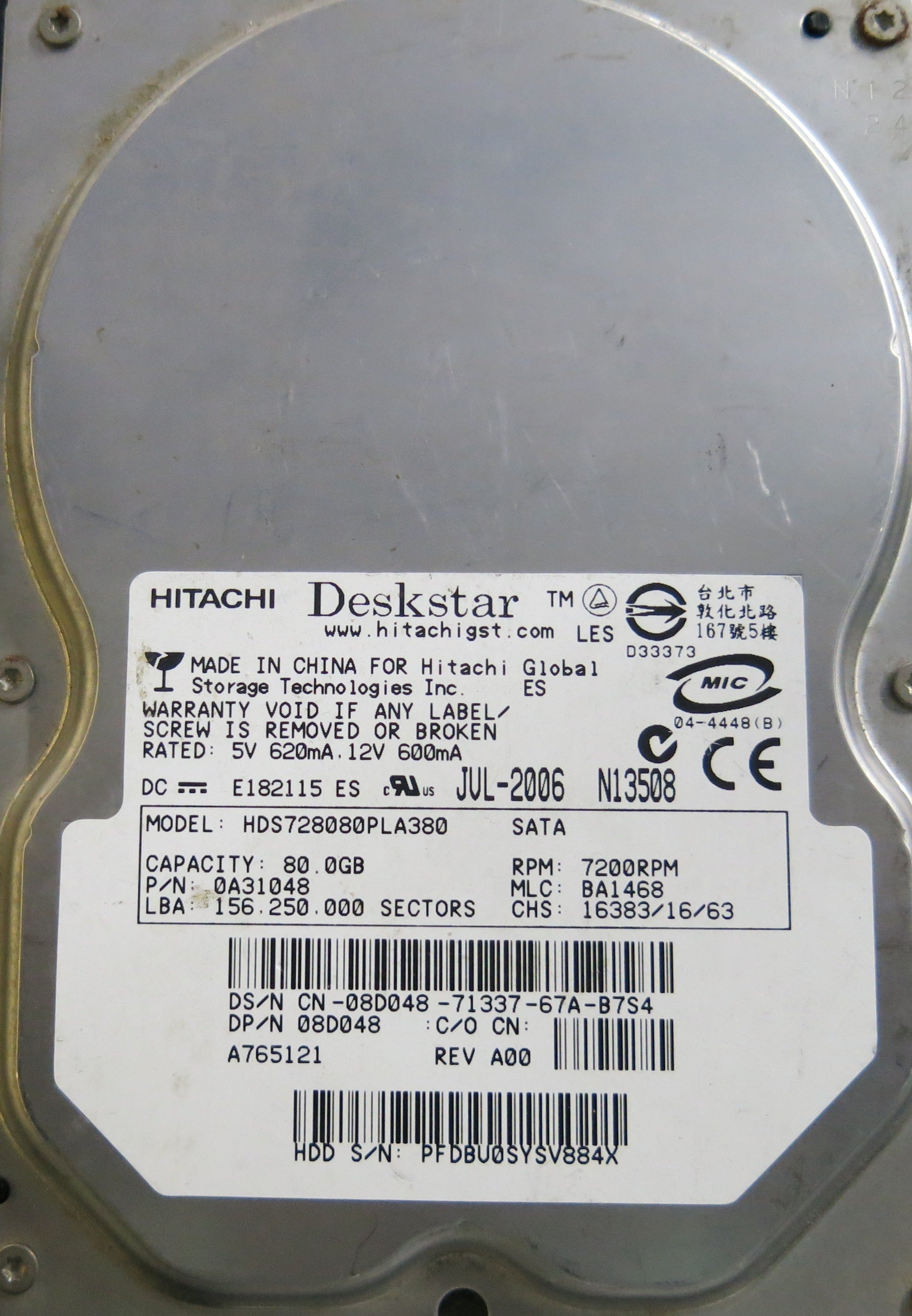 HDS728080PLA380,  P/N:0A31048,  MLC:BA1468,  FW:,  Serial:PFDBU0SYSV884X,  80GB 3.5,  PCB :F 0A30363 01- REV A