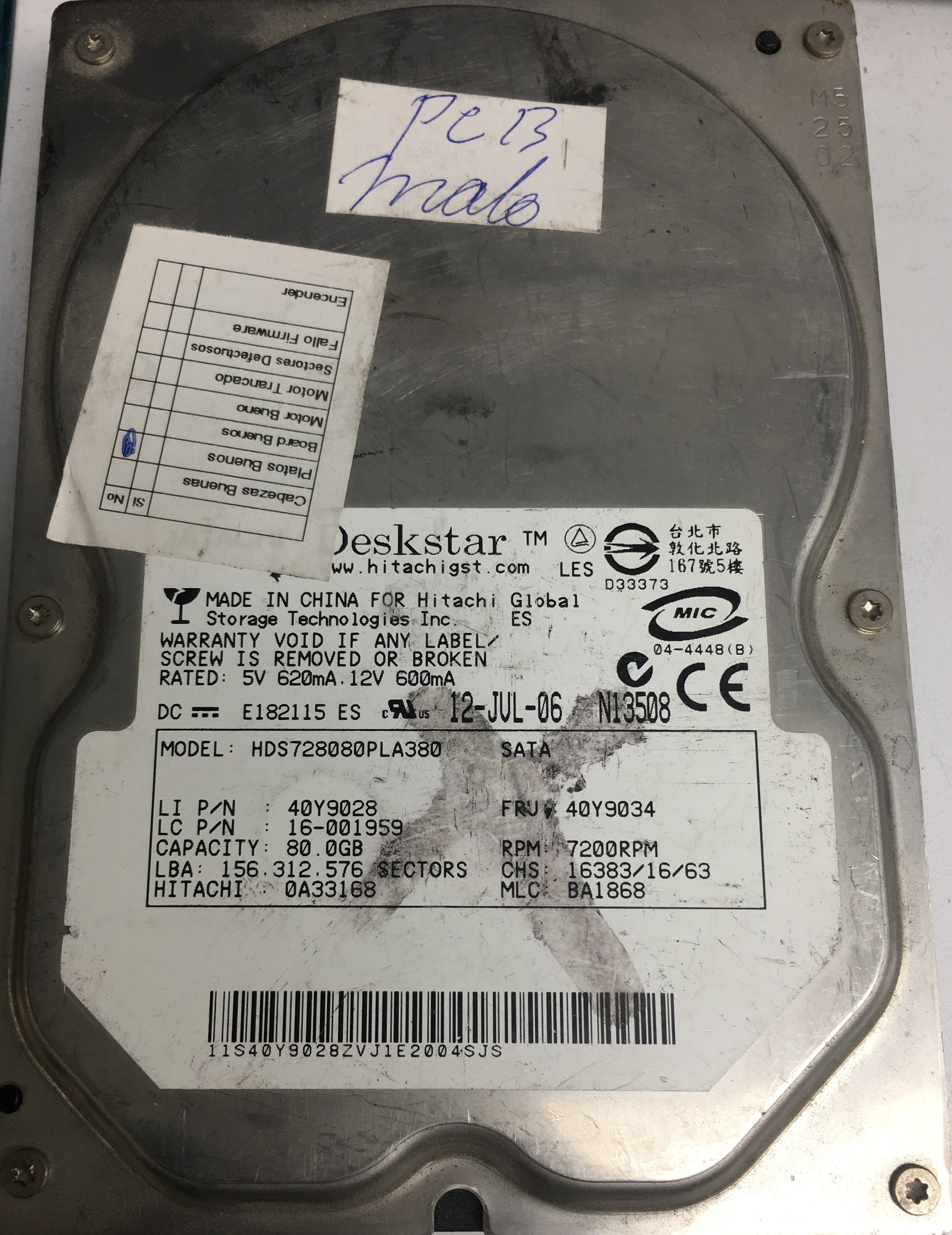 HDS728080PLA380, P/N: 40Y9028, MLC: BA1868, 80GB 3.5, PCB: F 0A30363 01