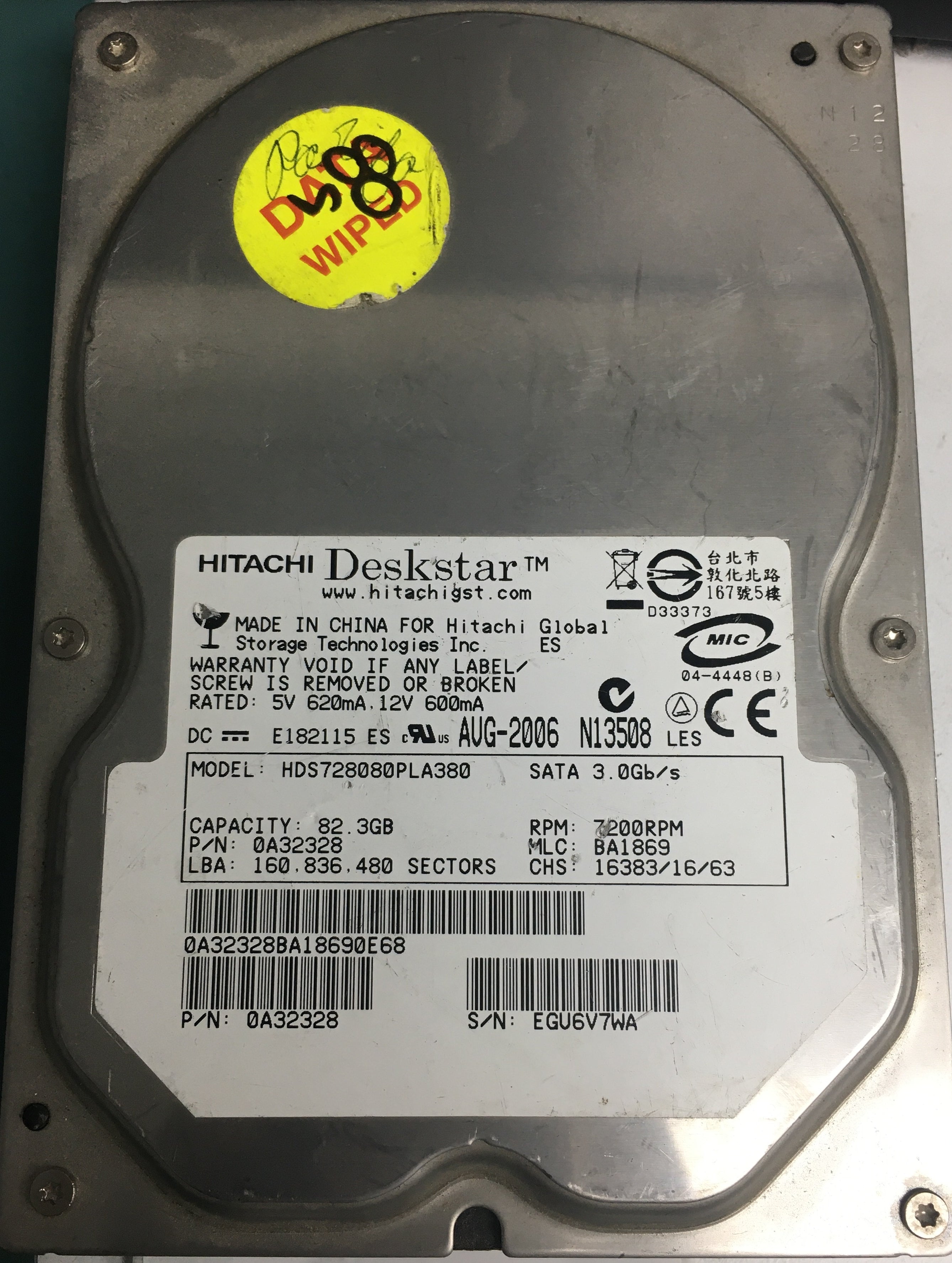HDS728080PLA380, Serial Number: 0A32328, P/N: 0A32328, MLC: BA1869, 82.3GB 3.5, PCB: F 0A30363 01