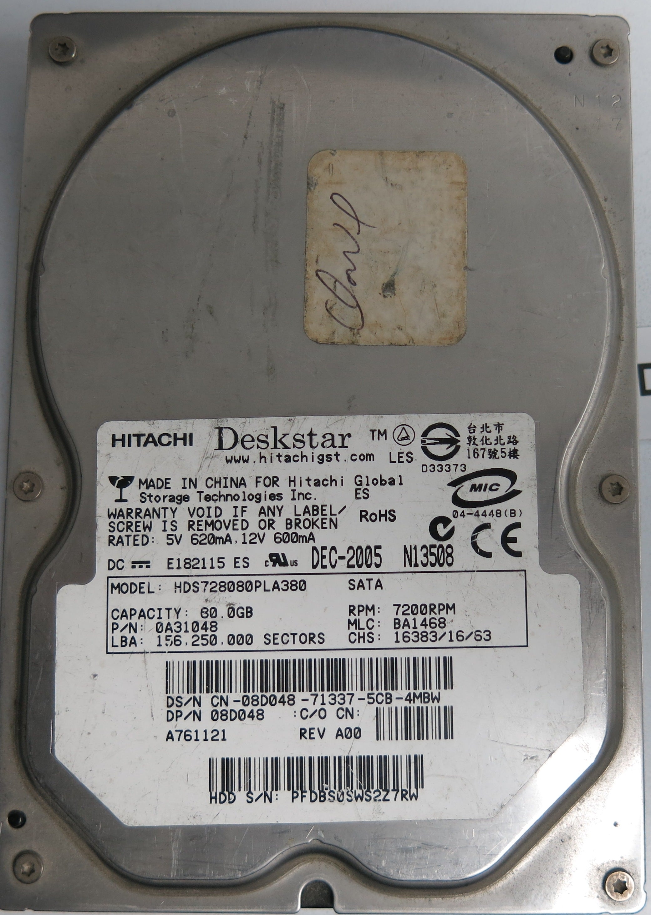 HDS728080PLA380, Serial Number: PFDBS0SW2Z7RW, P/N: 0A31048, MLC: BA1468, 80GB 3.5, PCB: F 0A30363 01
