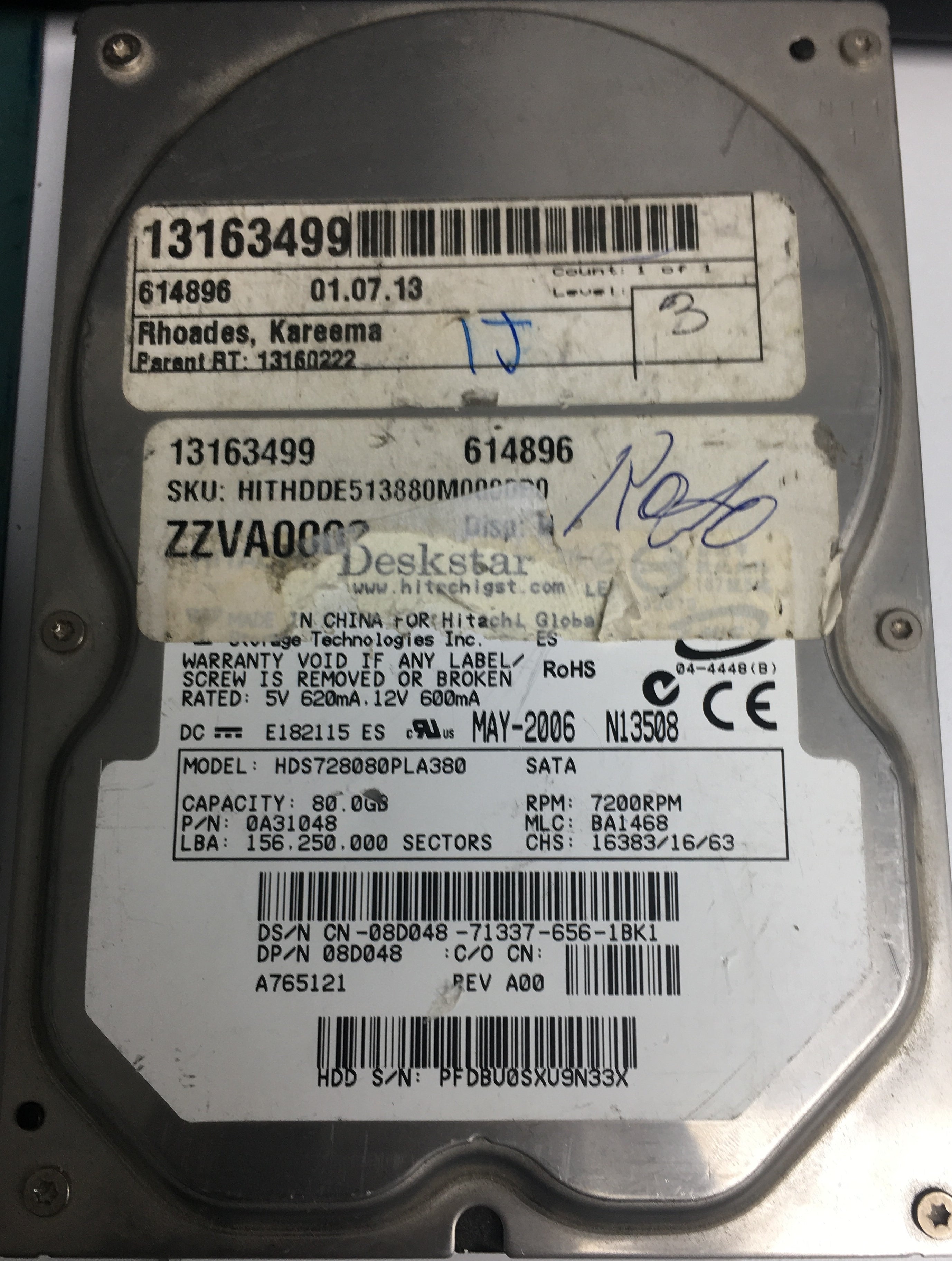 HDS728080PLA380, Serial Number: PFDBU0SXU9N33X, P/N: 0A31048, MLC: BA1468, 80GB 3.5, PCB: F 0A30363 01