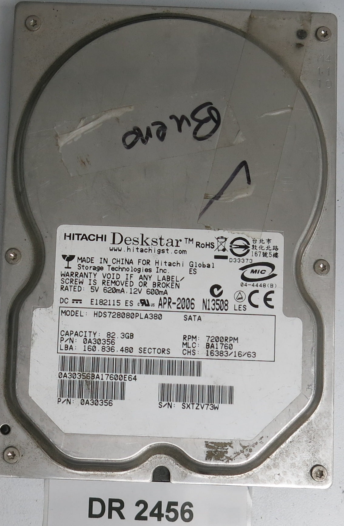 HDS728080PLA380, Serial Number: SXTZV73W, P/N: 0A30356, MLC: BA1760, 82.3GB 3.5