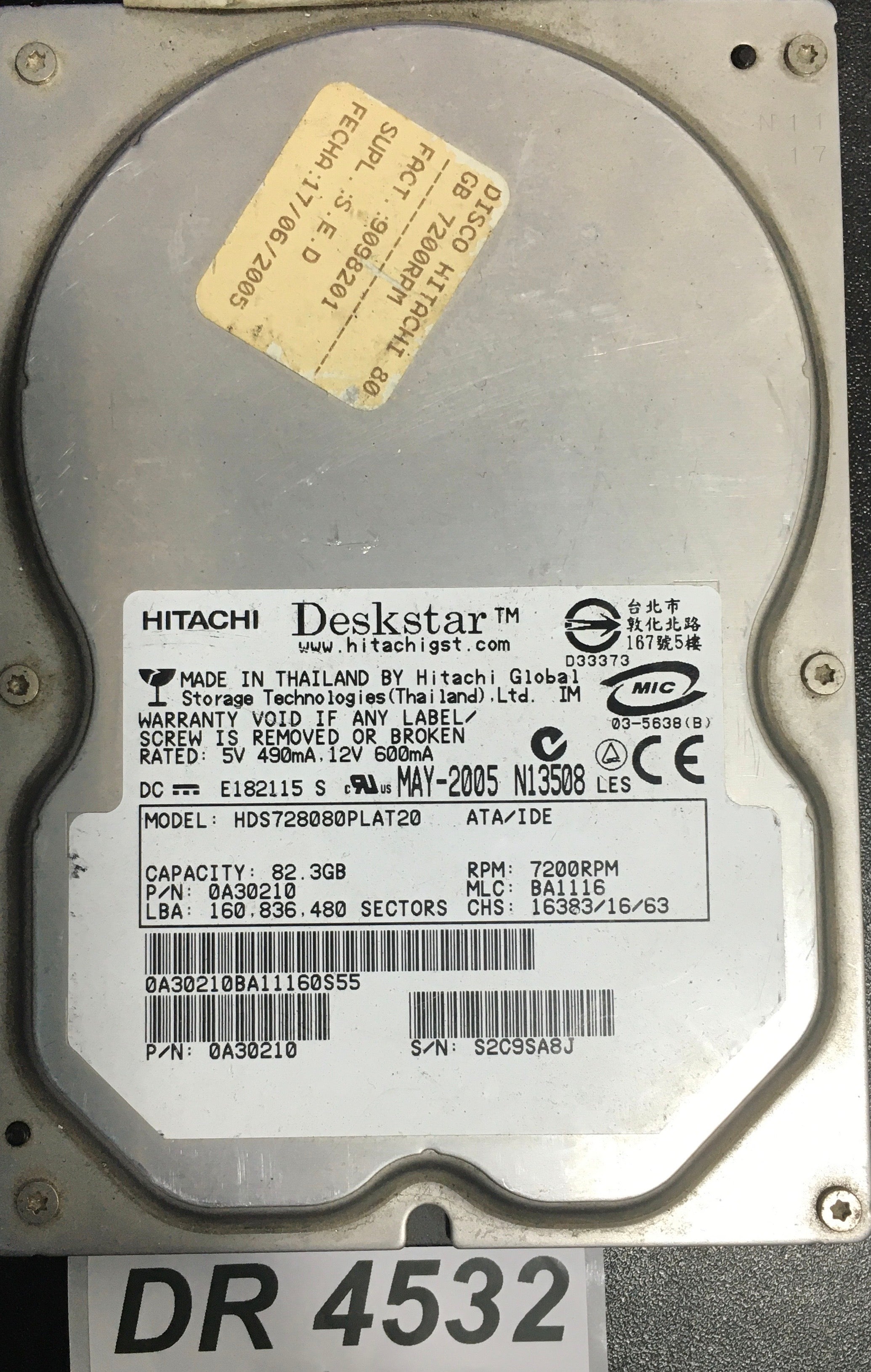 HDS728080PLAT20  Serial:S2C9SA8J  82.3GB 3.5  PCB: F 0A30270 01 REV A