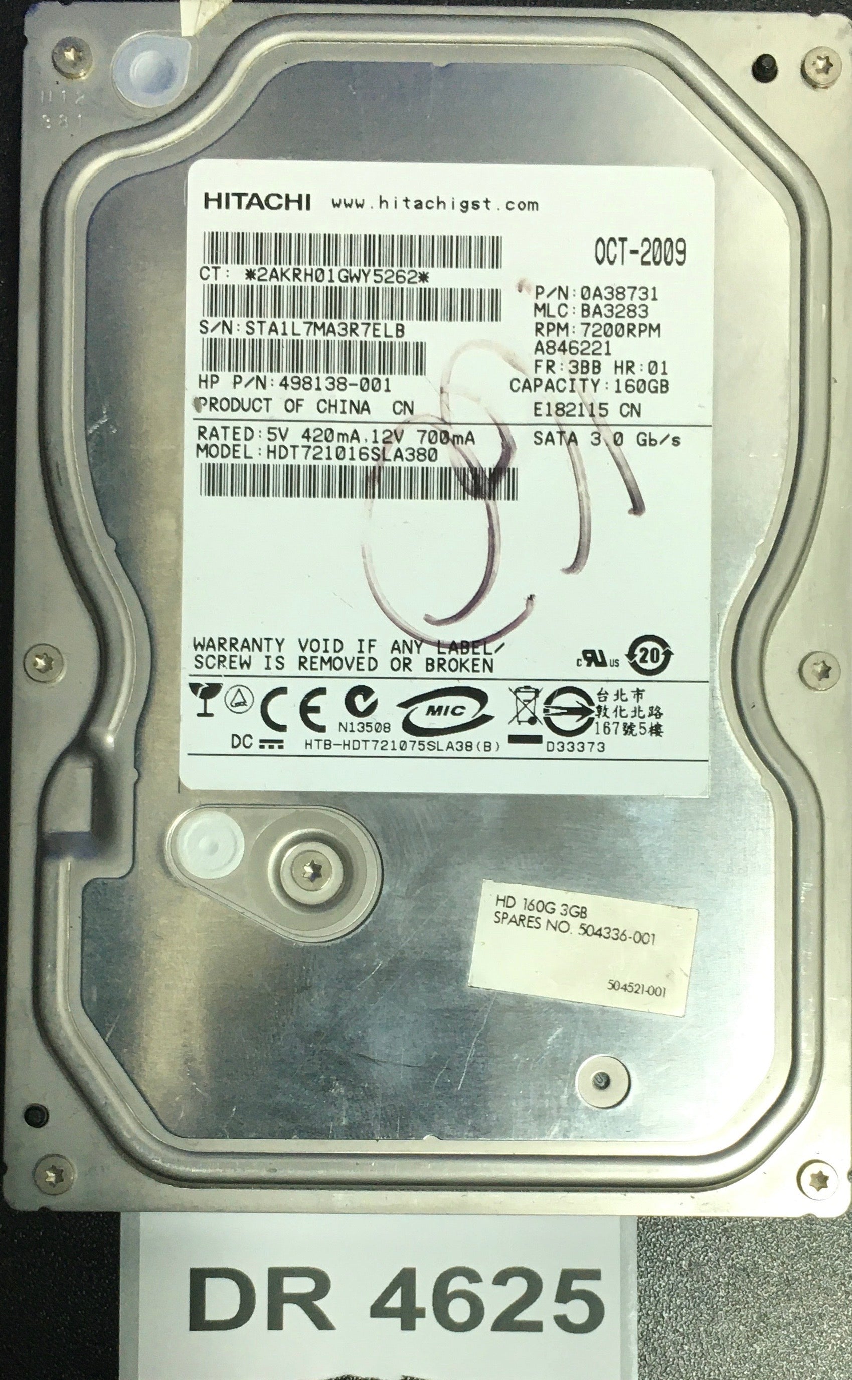 HDT721016SLA380,  P/N: 498138-001,  MLC: BA3283,  Serial: STA1L7MA3R7ELB,  160GB 3.5  PCB : 110 0A90158 01