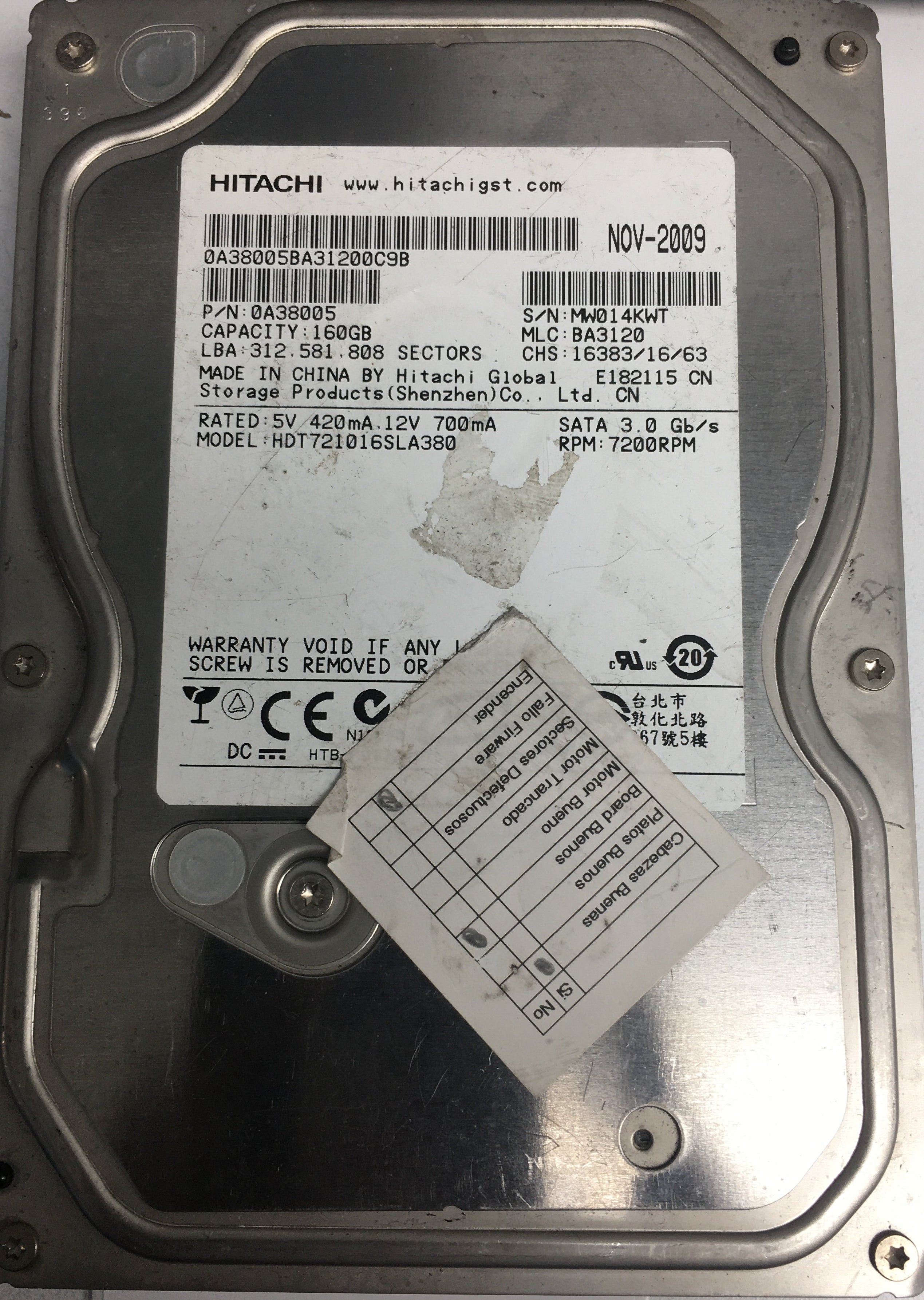 HDT721016SLA380, Serial Number: MW014KWT, P/N: 0A38005, MLC: BA3120, 160GB 3.5, PCB: 110 0A90158 01