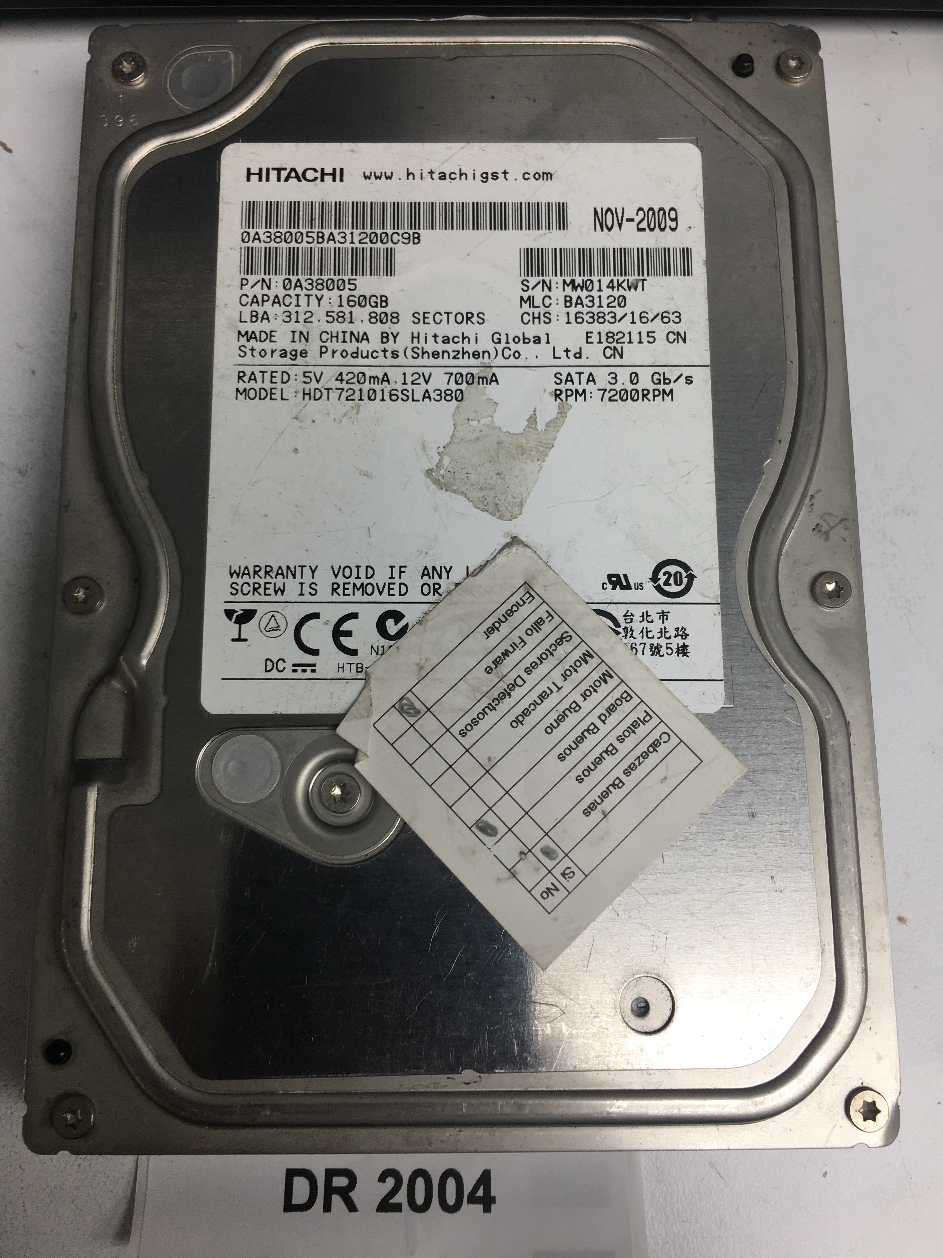 HDT721016SLA380, Serial Number: MW014KWT, P/N: 0A38005, MLC: BA3120, 160GB 3.5, PCB: 110 0A90158 01